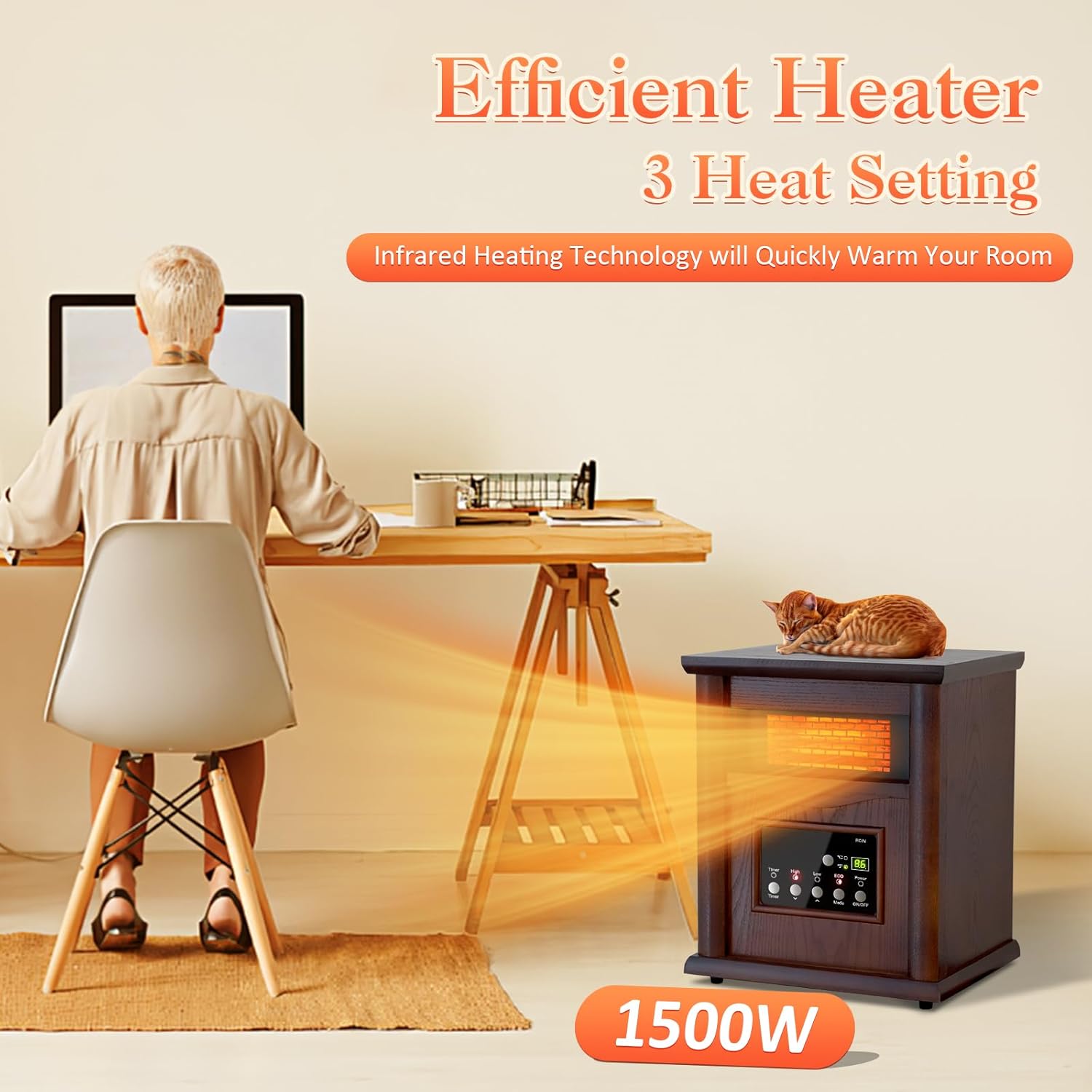 Lifeplus 1500W Electric Infrared Space Heater, Quartz Heater for Indoor Use, Tip-Over & Overheat Protection with Remote Control, 3 Heat Settings, 12H Timer for Large Room Basement Heating