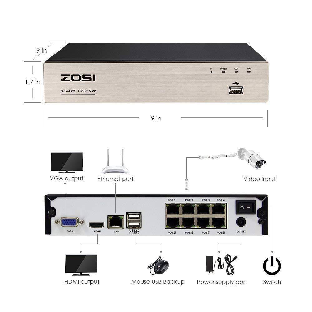 ZOSI 1080p PoE 8-Channel 1TB Hard Drive DVR Security Camera System with 4-Wired Bullet Cameras