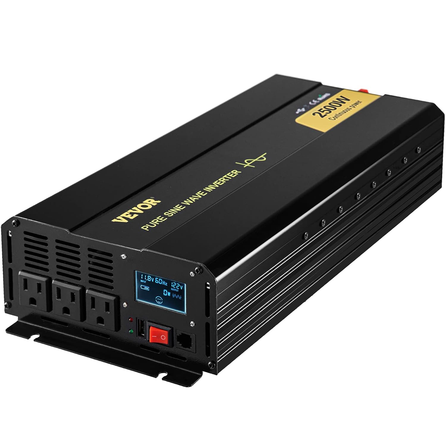 VEVOR Pure Sine Wave Inverter, 2500 Watt Power Inverter, DC 12V to AC 120V Car Inverter, with USB Port, LCD Display, and Remote Controller Power Converter, for RV Truck Car Solar System Travel Camping