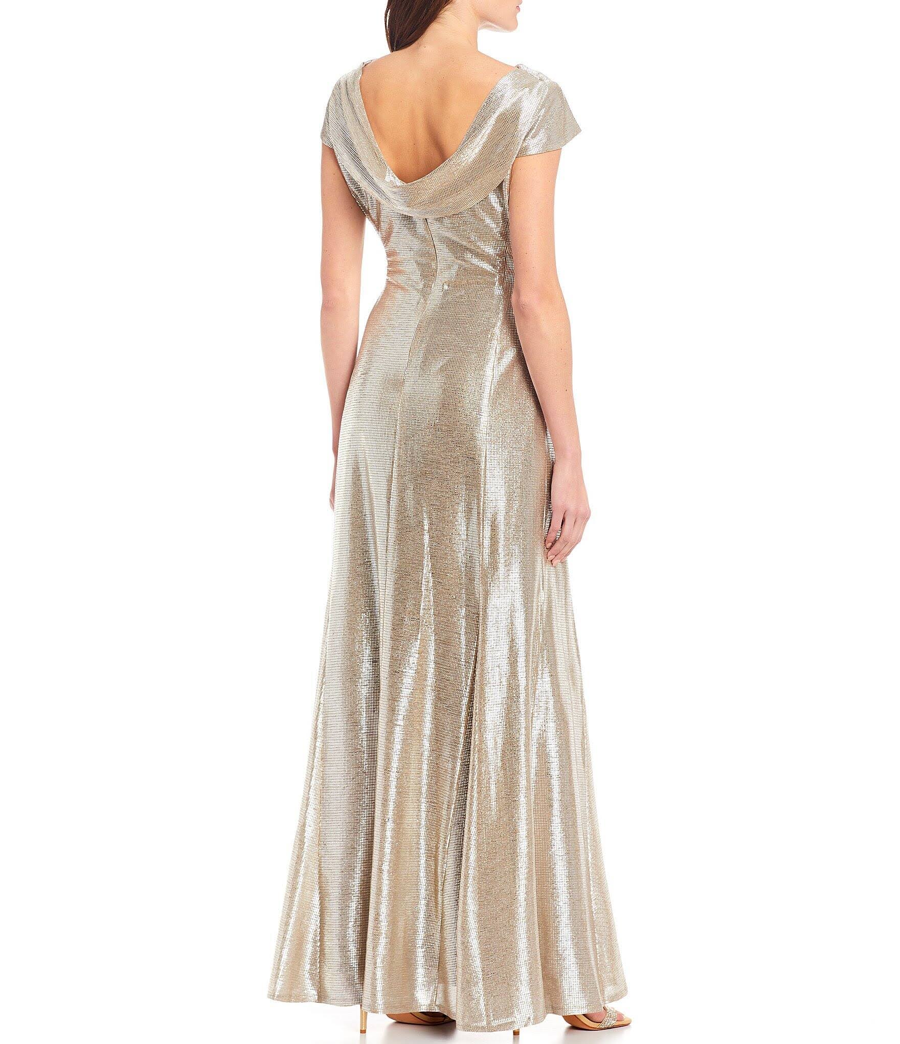 Tahari ASL Long Cap-Sleeve Metallic Knit Gown - 8