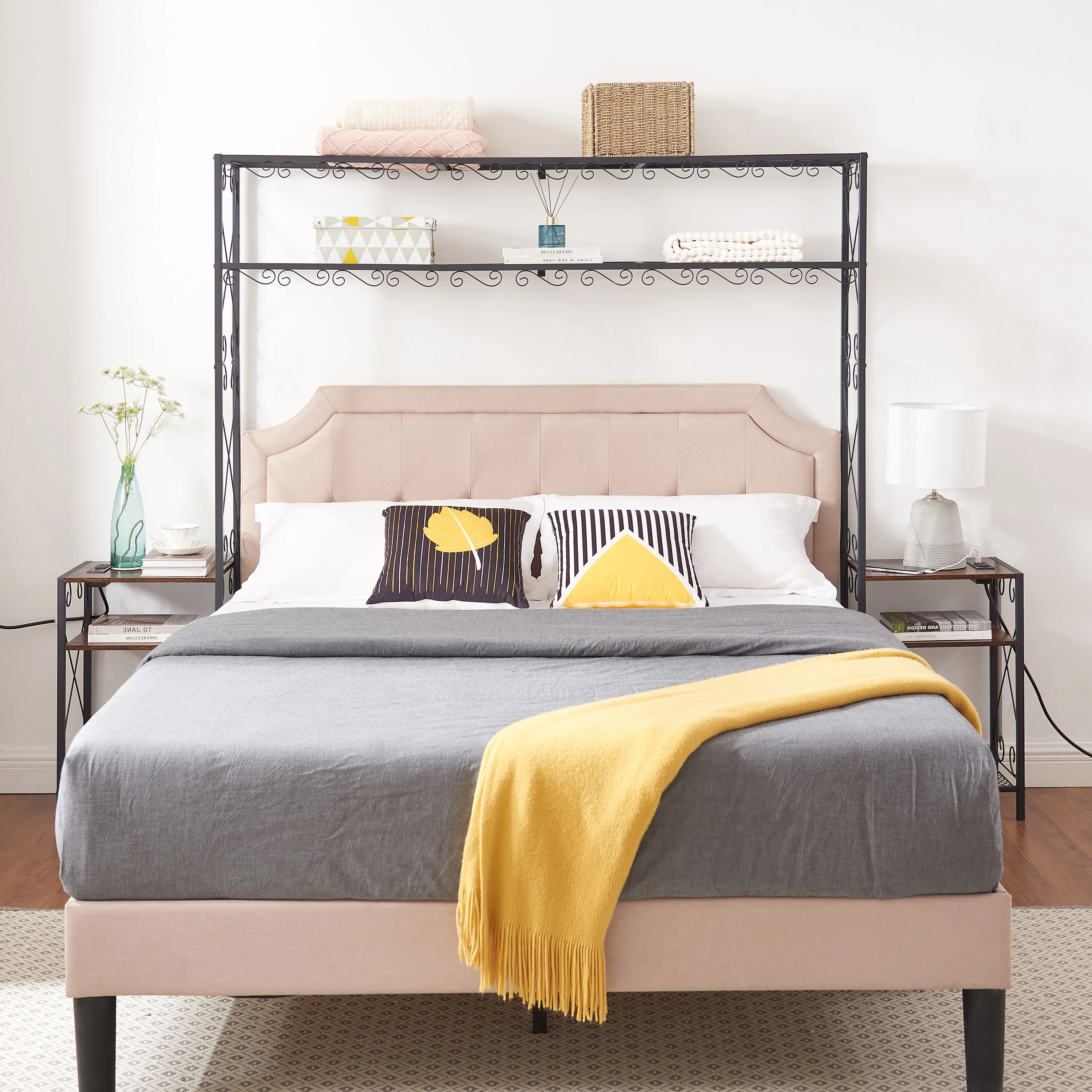 Queen Bed Frame with 2 Nightstands Headboards with Storage Cabinet, Headboard with Shelves, Bookcase Headboard Queen Easy Assembly for Bedroom Iron and Wood Rustic Brown