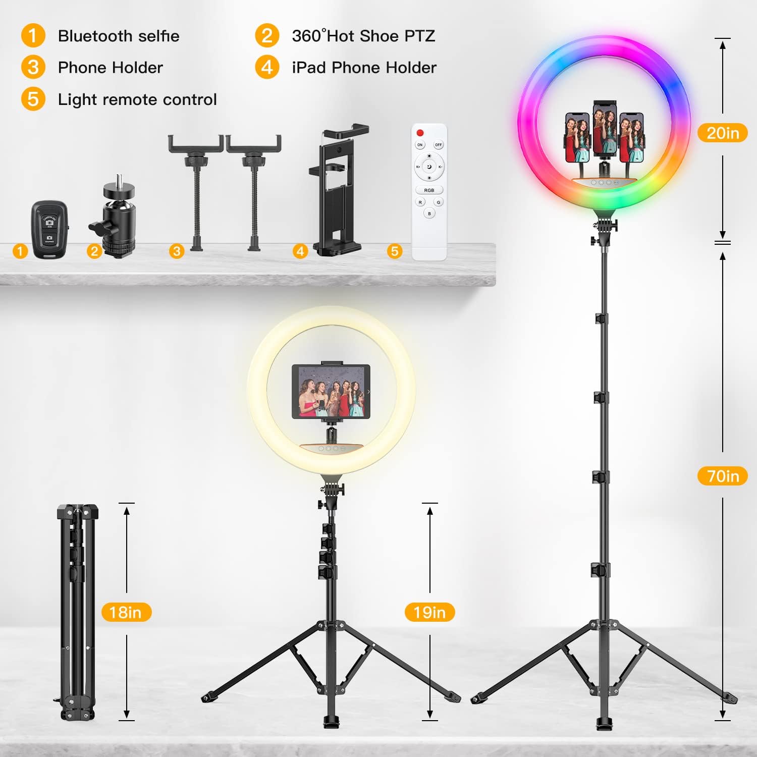 RGB Ring Light 18 inch with Tripod Stand (2700-7000K) for Phone Camera iPad Selfie Live Stream YouTube TikTok Video Shooting Best Lighting Atmosphere Ringlight
