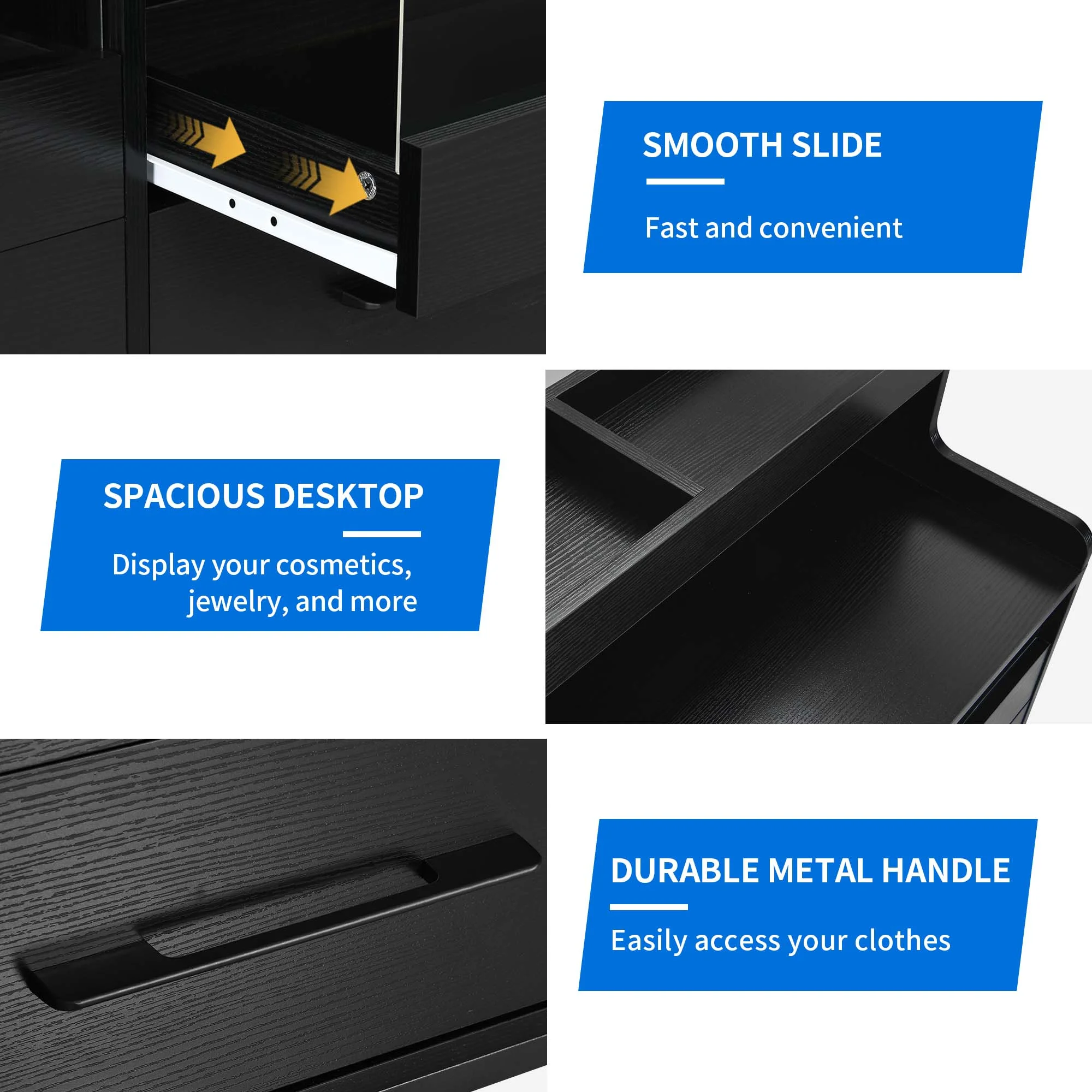 DWVO 6 Drawer Dresser for Bedroom, Double Dressers & Chests with LED Light & Open Storage, Modern Chest Organizer for Bedroom, Living Room, Entryway, Hallway, Black