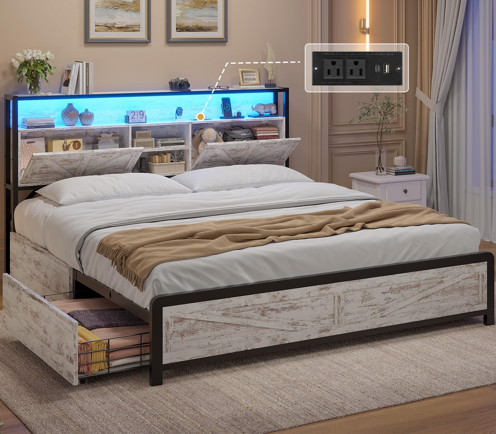 Queen LED Bed Frame with Charging Station and 4 Drawers, Metal Platform Bed Frame with Hidden Storage Headboard, No Box Spring Needed, Old White - Curated Treasures Market