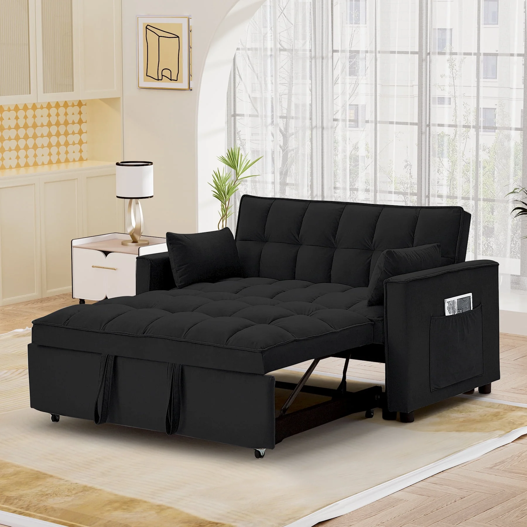 Convertible Sofa Bed with Pull Out Sofa Bed.55 Loveseat Sleeper Sofa Couch with Side Pockets and Pillows.Chaise Lounge Sofa for Living Room Bedroom Guest Room