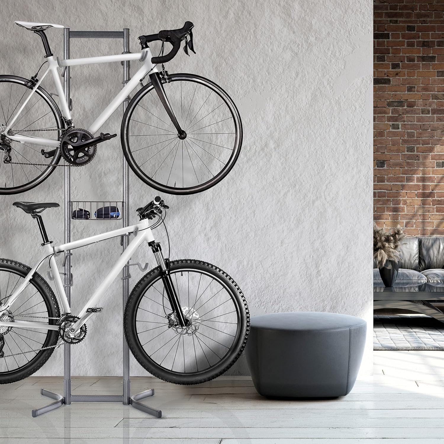 Delta Cycle 4 Bike Rack Garage - Bike Storage Rack with Basket - No Drilling Required - Fully Adjustable Vertical Bike Rack for Any Style Bicycle - Freestanding Wall Bike Rack Holds Up to 160 lbs