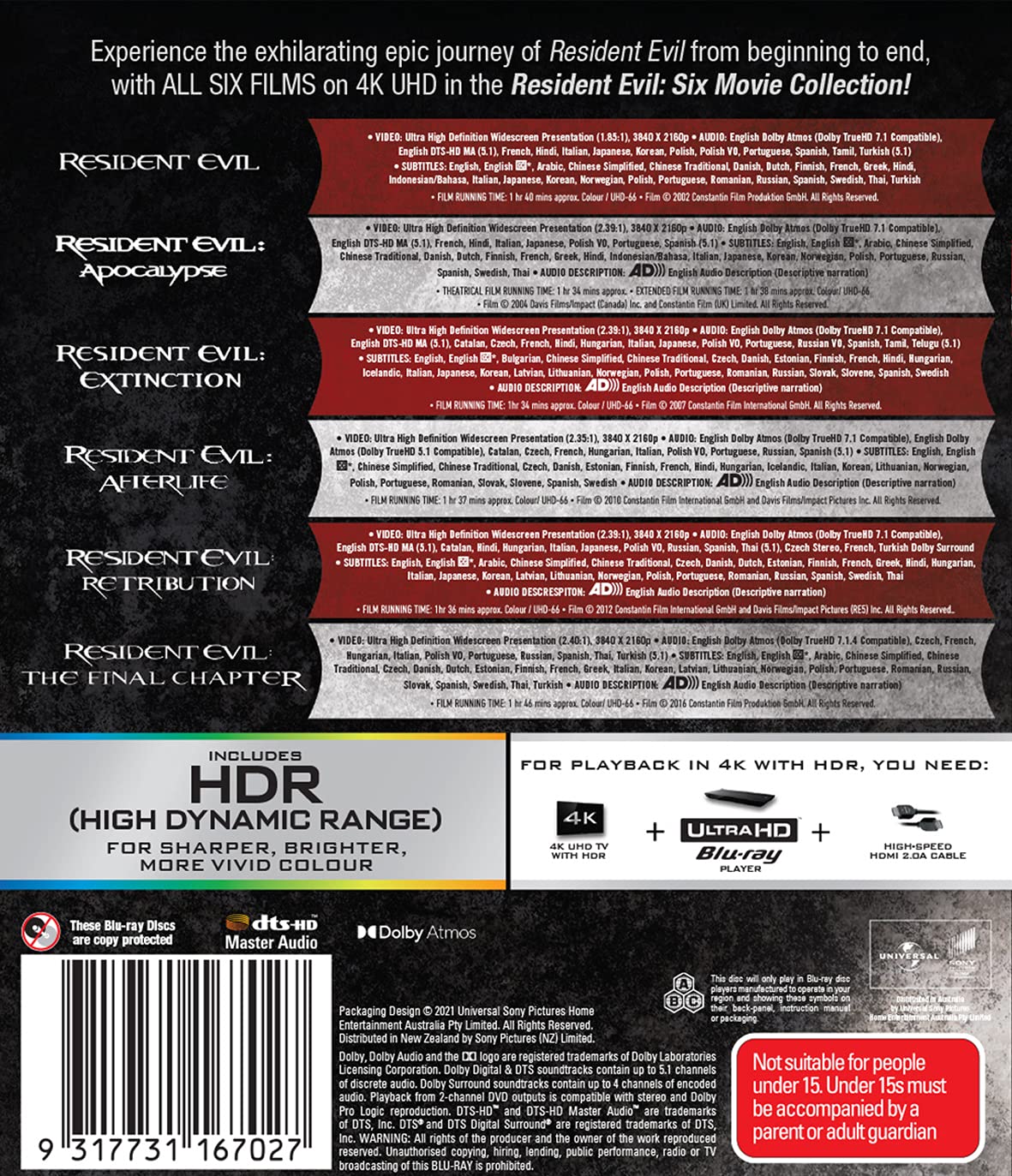 Resident Evil: 6 Film 4K Collection (Resident Evil/Resident Evil: Afterlife/Resident Evil: Apocalypse/Resident Evil: Extinction/Resident Evil: Retribution/Resident Evil: The Final Chapter)