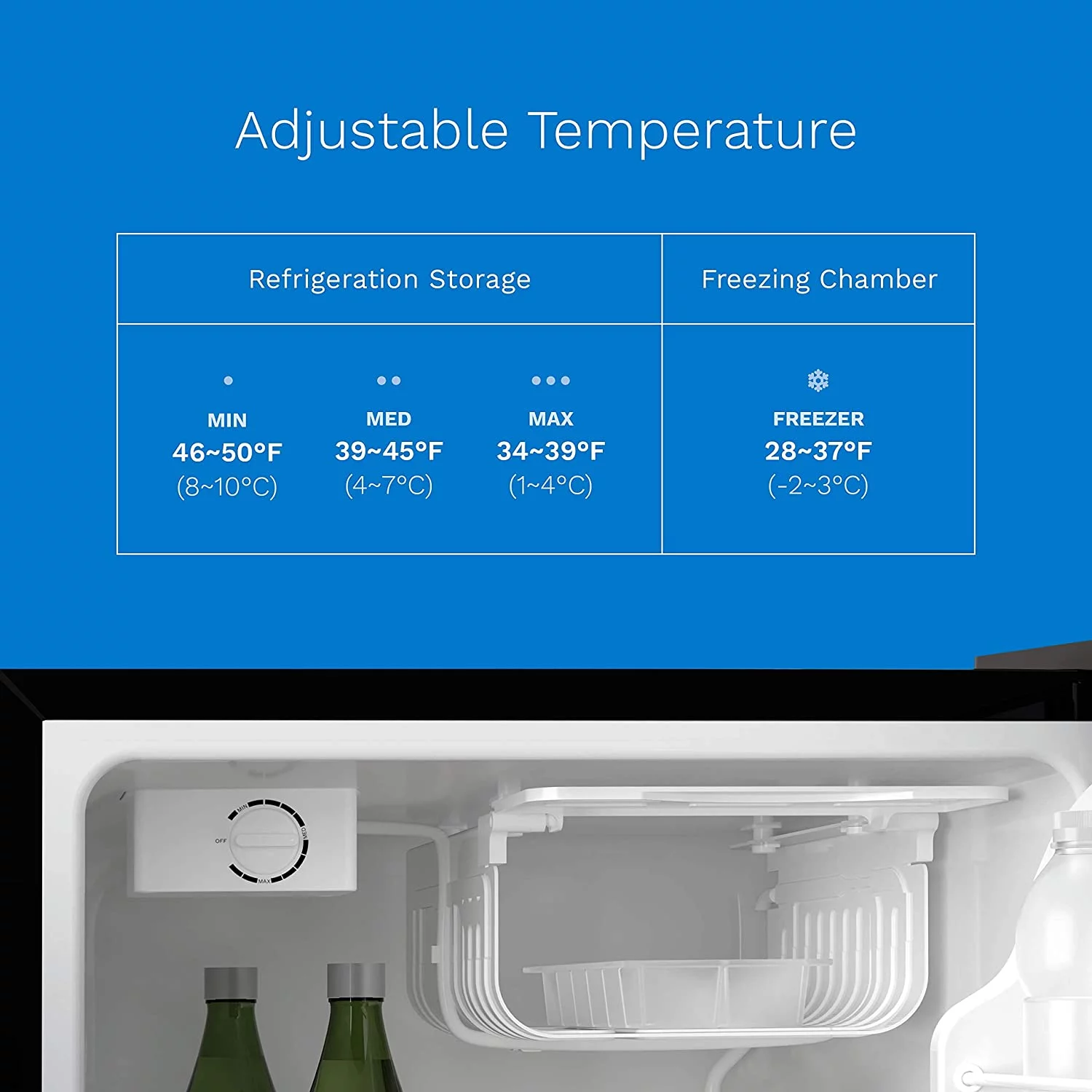 Mini Fridge - 2.4 Cubic Feet Under Counter Refrigerator with Small Freezer for Office, Dorm or Apartment with Removable Glass Shelves