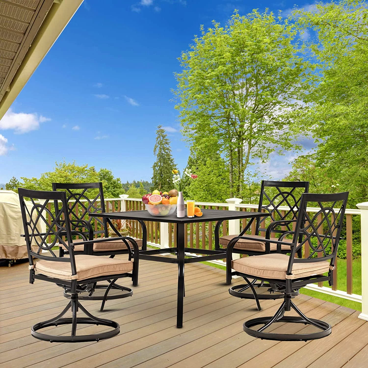 SUNCROWN 5 Pieces Outdoor Patio Metal Dining Set Swivel Chairs and Table Set with Brown Cushions