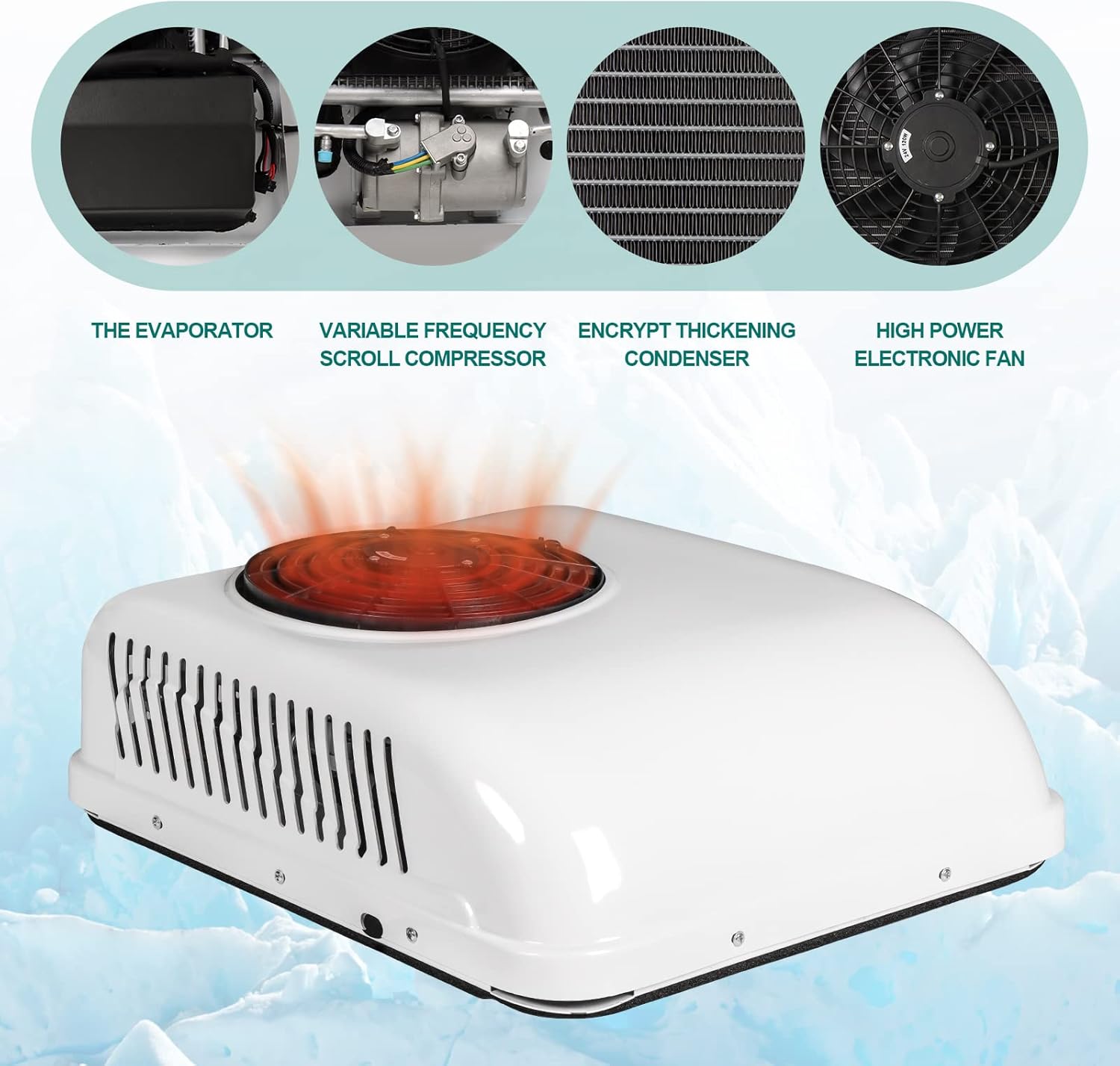 12V DC air conditioner，roof air conditioner are applicable to trucks, RVs, buses, excavators, campers, agricultural vehicles, etc. 12V air conditioner cold/hot function (12V)