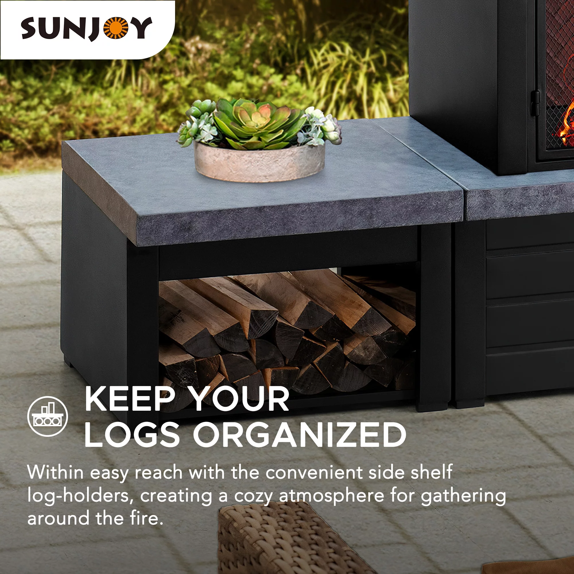 Sunjoy Wood Burning Fireplace – Matte Black Outdoor Steel Fireplace with Chimney, Log Holders, Fireplace Tool, and PVC Cover
