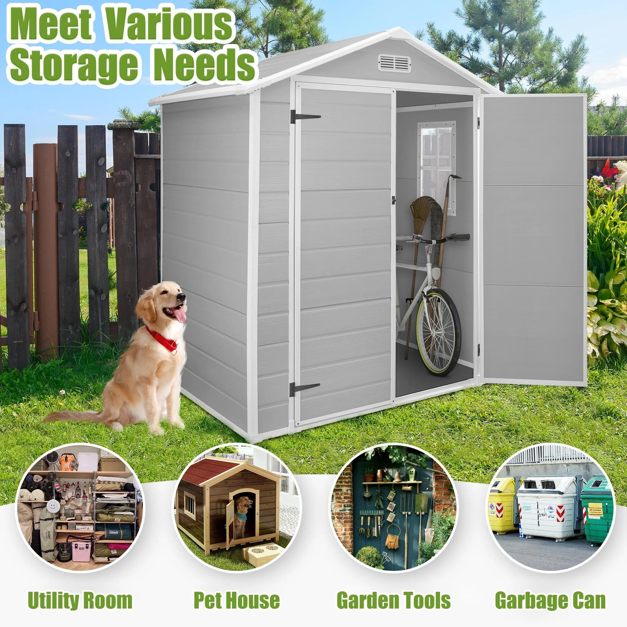 6' x 4.4' Plastic Outdoor Shed, All-Weather Resin Large Backyard Storage Sheds with Reinforced Floor, Lockable Door Garage Patio Garden Storage Shed