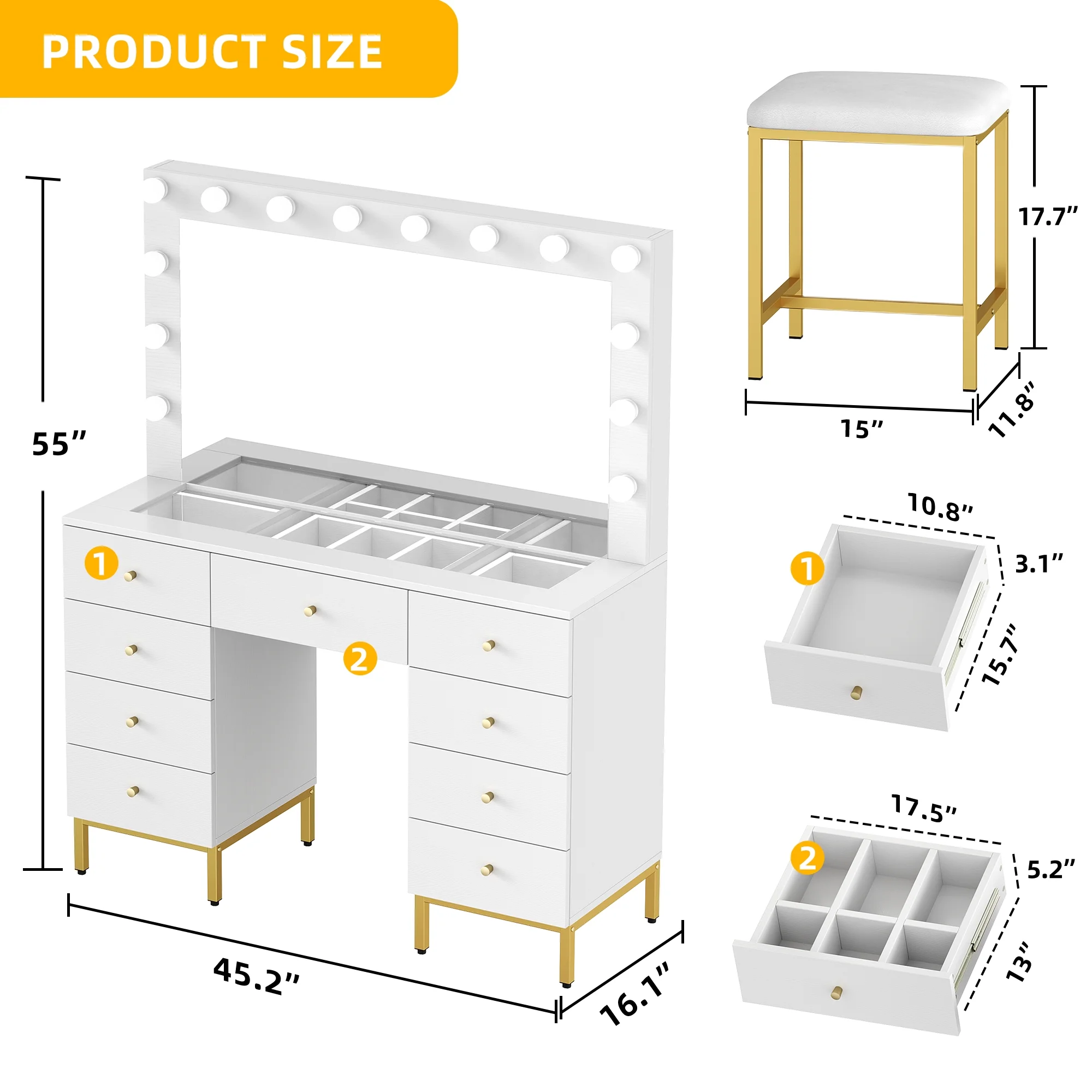 DWVO Vanity Table Set with 3 Color Lighted Mirror & Charging Station & Stool, Modern Makeup Vanity Dressing Table with 9 Drawers for Bedroom, Gold and White Vanity Desk for Women Girls