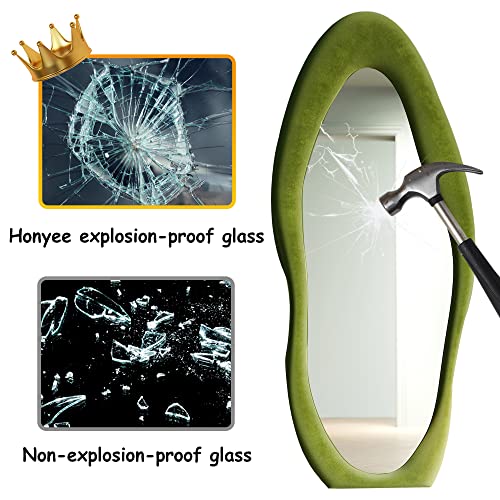 Honyee Full Length Mirror, 63" x 24" Wall Mirror, Flannel Wrapped Wooden Frame Floor Mirror, Irregular Wavy Mirror Hanging or Leaning Against Wall for Cloakroom/Bedroom/Living Room, Milk Tea