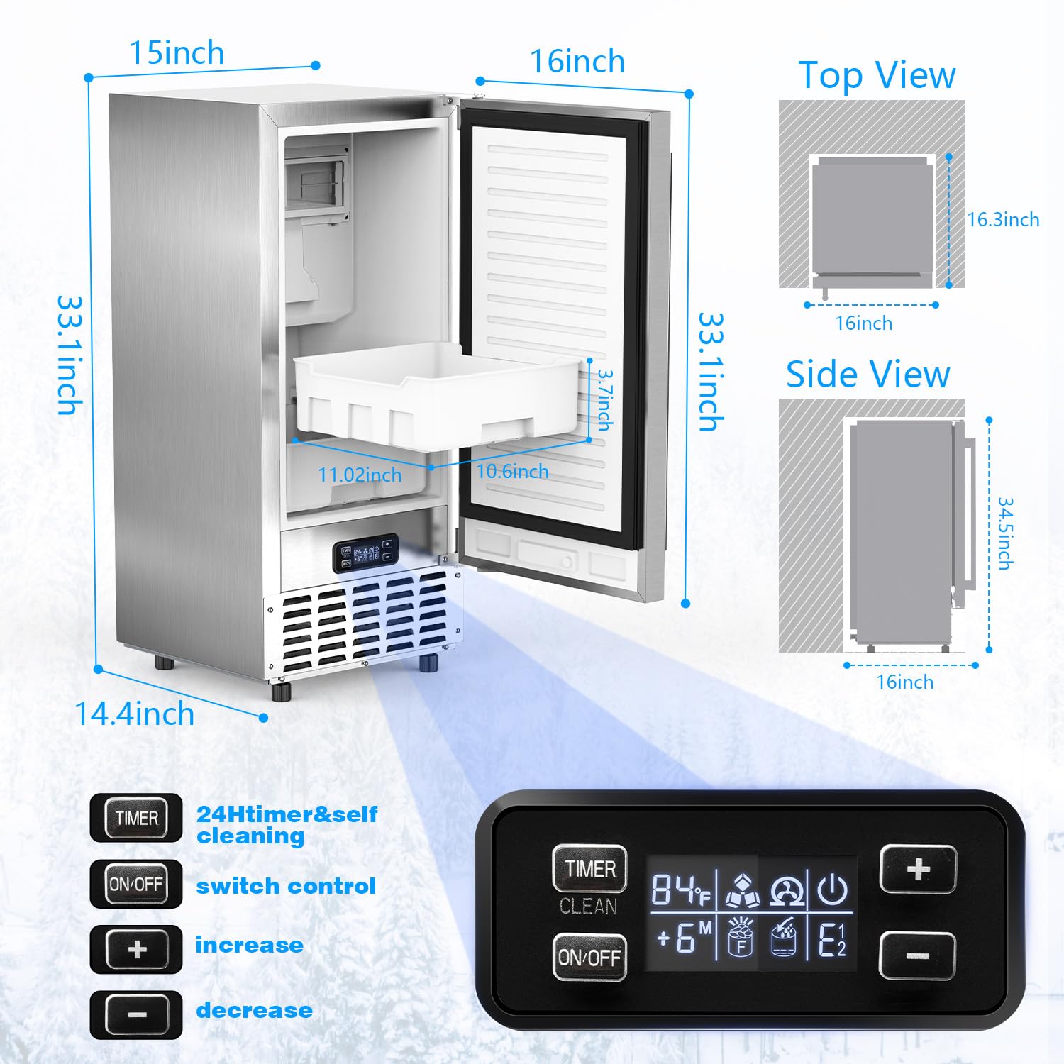 Kndko Under Counter Ice Maker, 66Lbs/Day, Nugget ice Machine, Self Cleaning Ice Maker, 24H Timer, 2 ice basket/18lbs, Undercounter Nugget Ice Maker Machine for Bar,Restaurant,Home,RV,Stainless Steel