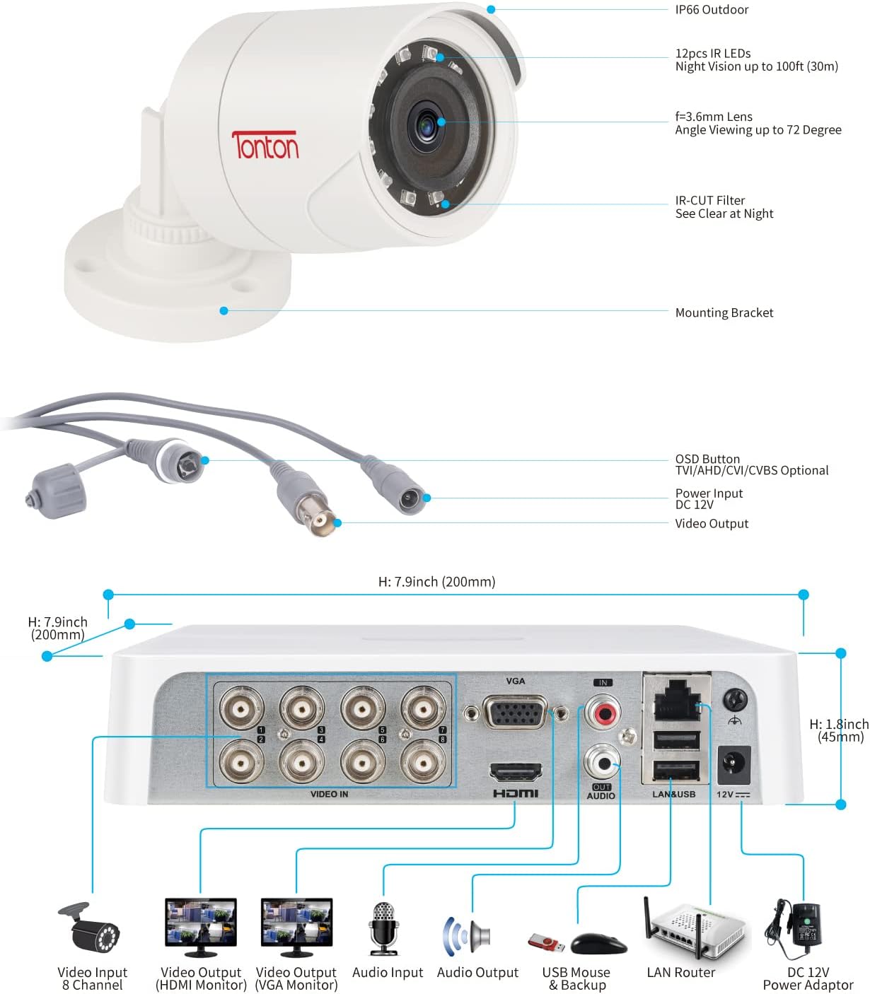 Tonton 5MP Lite 8 Channel Security Camera System,8CH H.265+ Hybrid DVR with 2TB HDD and 8PCS 2.0MP Weatherproof CCTV Bullet Cameras,Easy Remote Viewing,Motion Detection,Powered by Hikvision