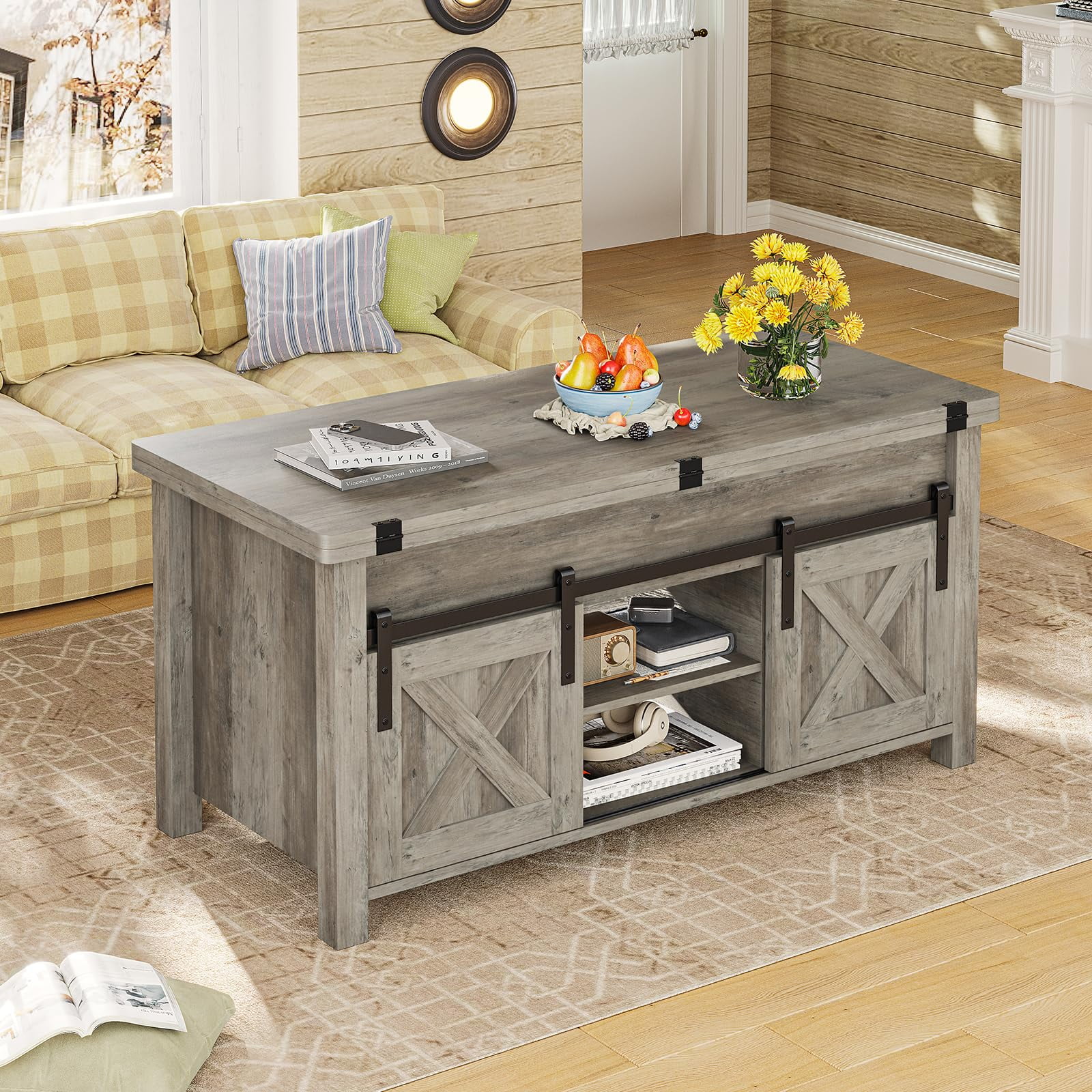 Lift Top Coffee Table with Storage,4 in 1 Multi-Function Convertible Coffee Tables with Hidden Storage Compartment, Farmhouse Dining Table for Living Room, Grey - Curated Treasures Market