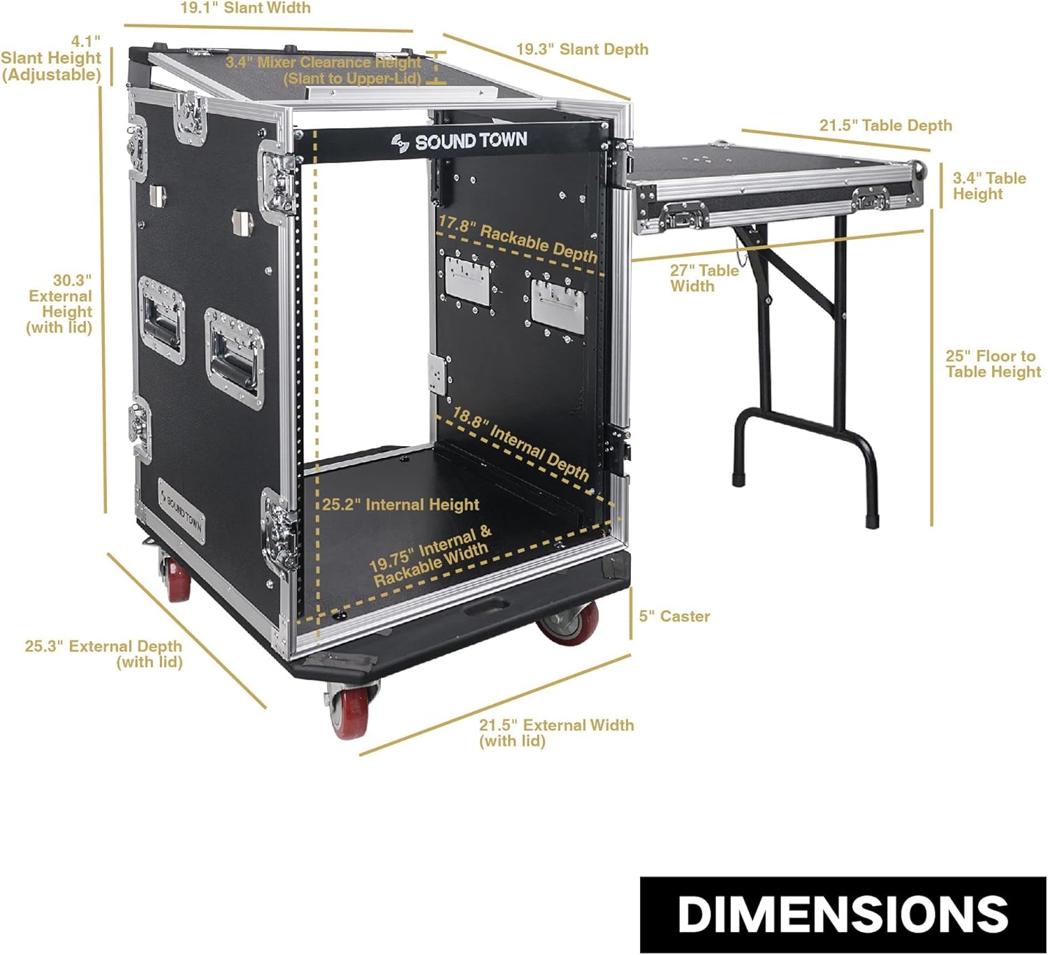 Sound Town 8U PA DJ Pro Audio Rack/Road ATA Case with 13U Slant Mixer Top, 23.5’’ Rackable Depth and Casters, 8 Space Size, Pro Tour Grade (STMR-8UW)