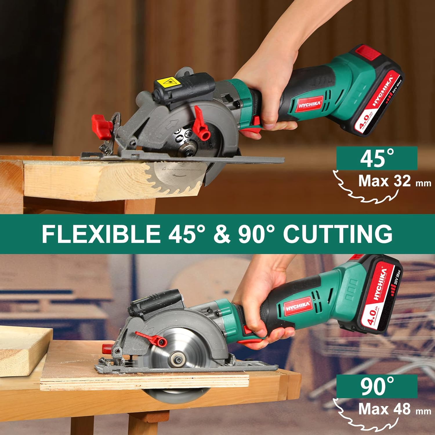 HYCHIKA Cordless Circular Saw,20V Mini Circular Saw with 4.0Ah Battery，3 Blades(4-1/2",4-9/10"),3500RPM Max Cuting Depth:90°(48mm)/45°(32mm),Compact Circular Saw for Wood, Plastic and Soft Metal