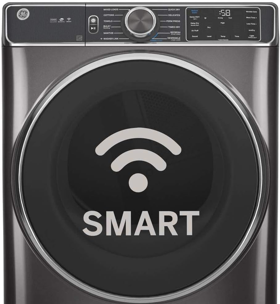GE GFD85ESSNWW 28" Front Load Electric Dryer with 7.8 cu. ft. Capacity Stainless Steel Drum Built-in WiFi Sanitize Cycle and Damp Alert in White