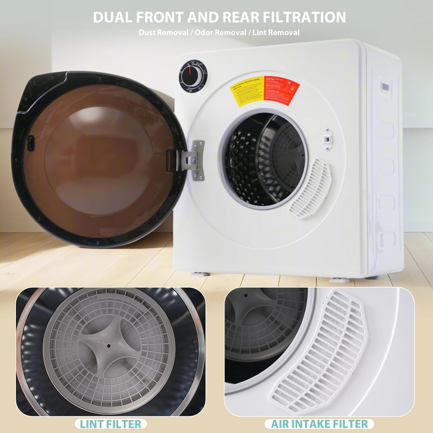 Compact Laundry Dryer, Electric Portable Clothes Dryer - 13.2 lbs Capacity, Stainless Steel Drum, Double Temperature Control Switch, 5 Drying Modes for Apartments, Home, Dorm - 1350W, White