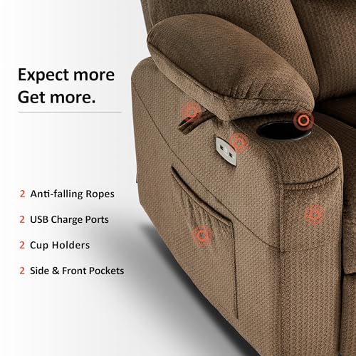 MCombo Small Power Lift Recliner Chair with Massage and Heat for Petite People, Cup Holders, USB Ports, Side Pockets, Fabric 7569 (Small-Regular, Brown)
