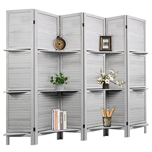 Room Divider with Shelves, Privacy Screen, Room Dividers and Folding Privacy Screens, 5 Panel Wood Temporary Wall Partition Separation Separator, Coconut