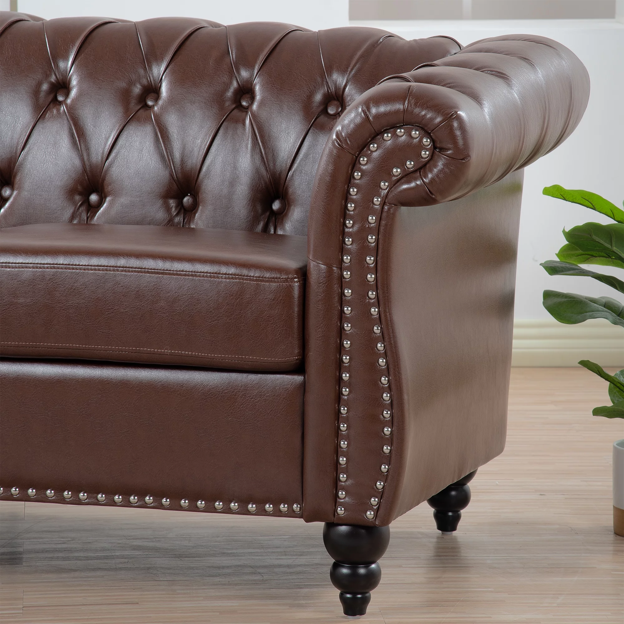 Chesterfield Sofas for Living Room, Rolled Arm 3-Seater Leather 84" Large Couch Deep Button Nailhead Tufted Black Upholstered Couches for Bedroom, Office Apartment (Dark Brown)