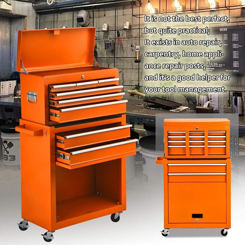 8-Drawer Rolling Tool Chest,Big Tool Chest and Tool Storage Cabinet,Tool Chest with 4 Wheels,Removable Portable Top Box with Lock Tool Chest for Garage and Warehouse-Red