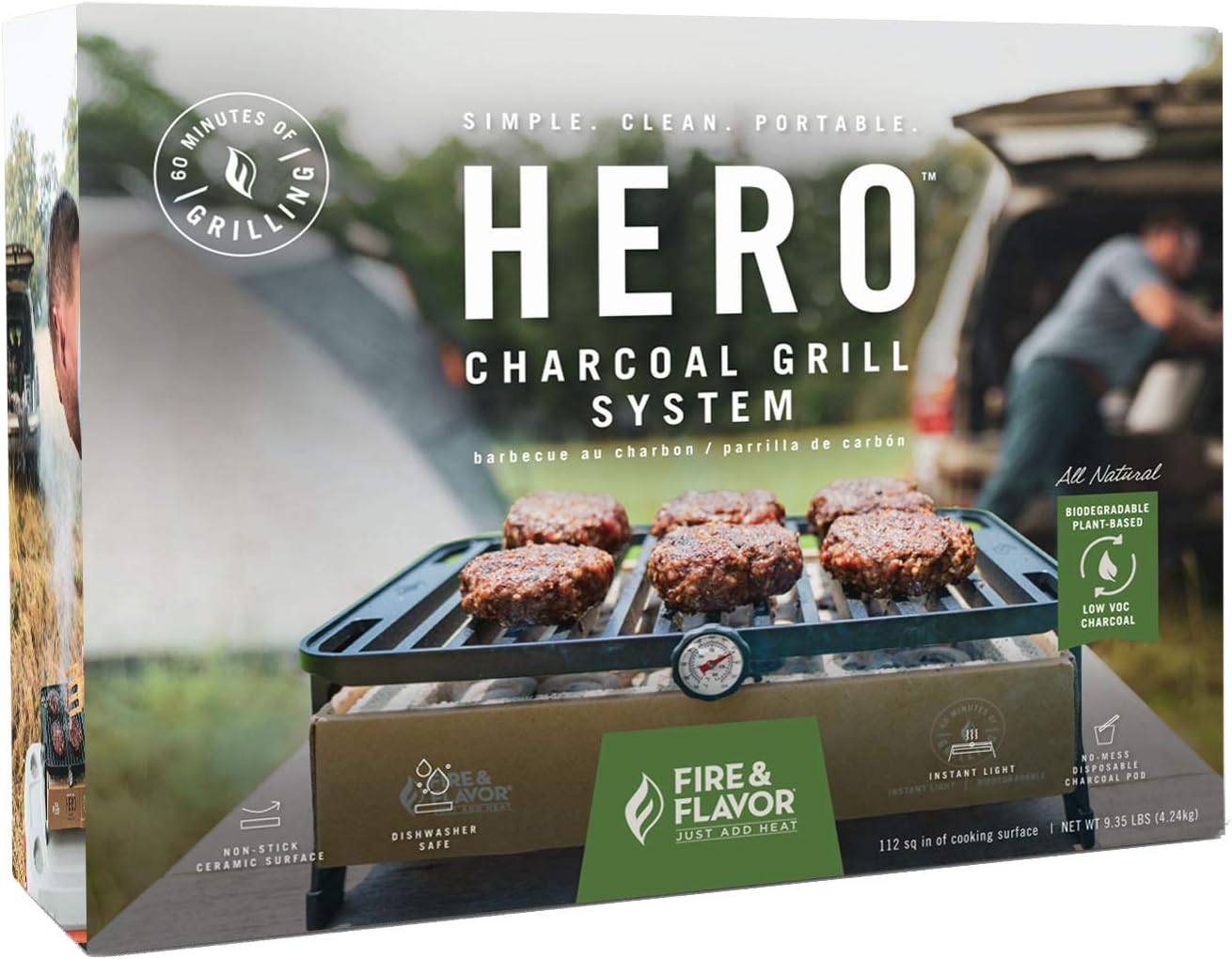 Fire & Flavor Hero System Ultra-Portable Easy Instant Light Charcoal Grilling for Tailgating, Beach RV, Park, Patio, Outdoors with Reusable Eco-Friendly Pod, Bamboo Cutting Board and Carry Case, Multi