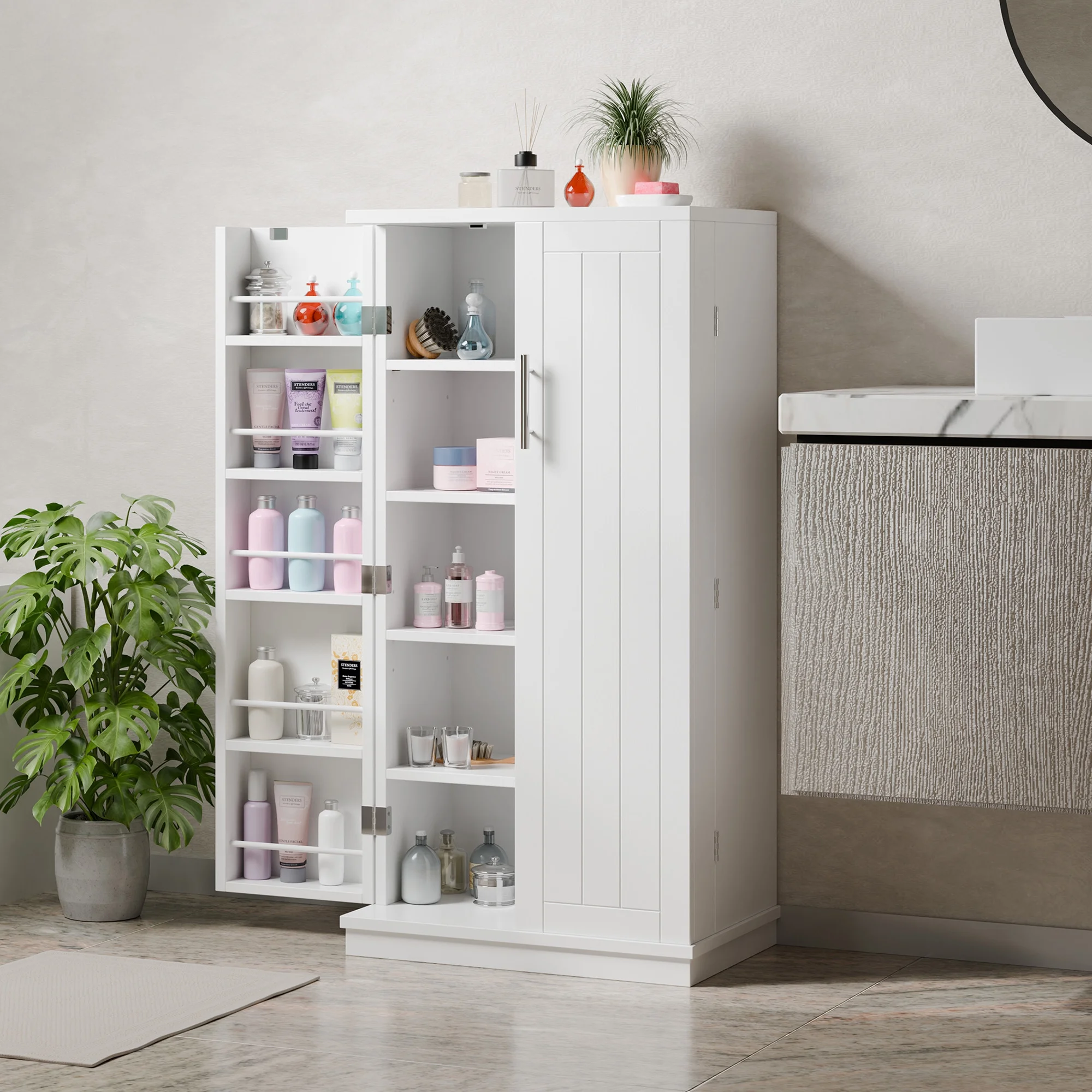 Walsunny 47" Kitchen Pantry Farmhouse Storage Cabinet with Adjustable Shelves, Racks and Doors Freestanding Kitchen Hutch Cupboard White - Curated Treasures Market