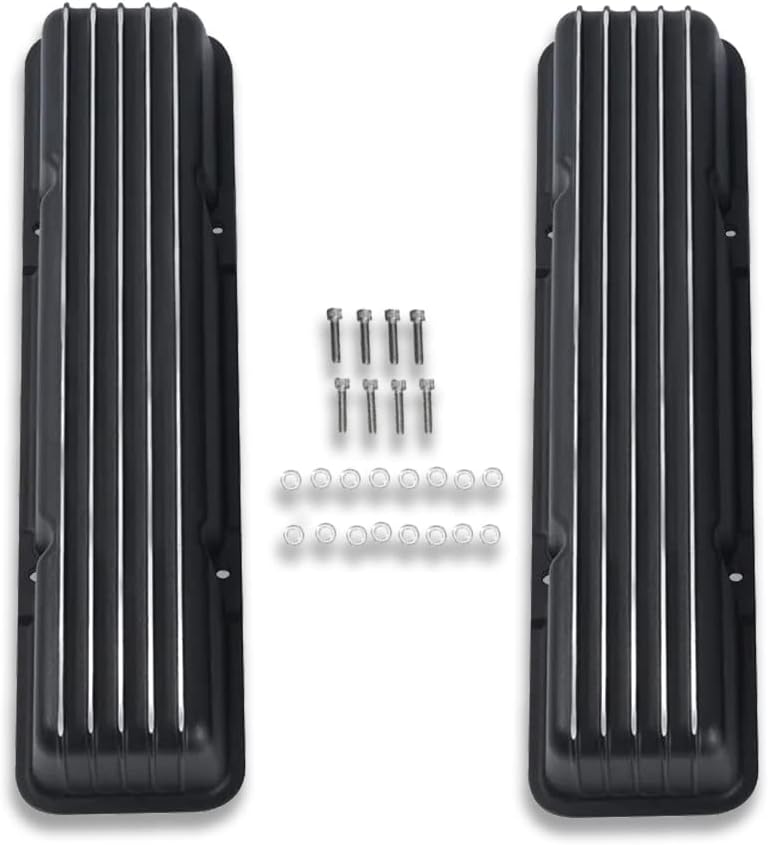 DEMOTOR PERFORMANCE Tall Finned Valve Cover W/O Hole for SBC 327 350 Chevy & 12" Oval Full Finned Air Cleaner Dress Up Kit Black