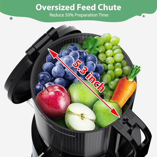 Juicer Machines,Aeitto Cold Press Juicer with 5.3“ Extra Large Feed Chute for Whole Fruits & Vegetables, Juice Extractor Machine, Self Feeding, Easy to Clean, High Juice Yield, Black