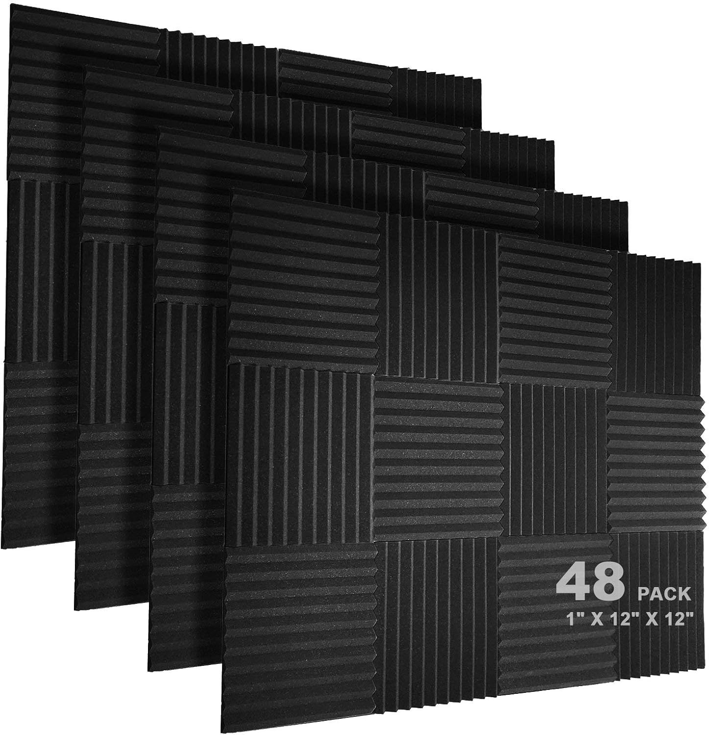 JBER 48 Pack Acoustic Foam Panels, 1" X 12" X 12" Studio Soundproofing Wedges Fire Resistant Sound Proof Padding Acoustic Treatment Foam - Black Pack of 2