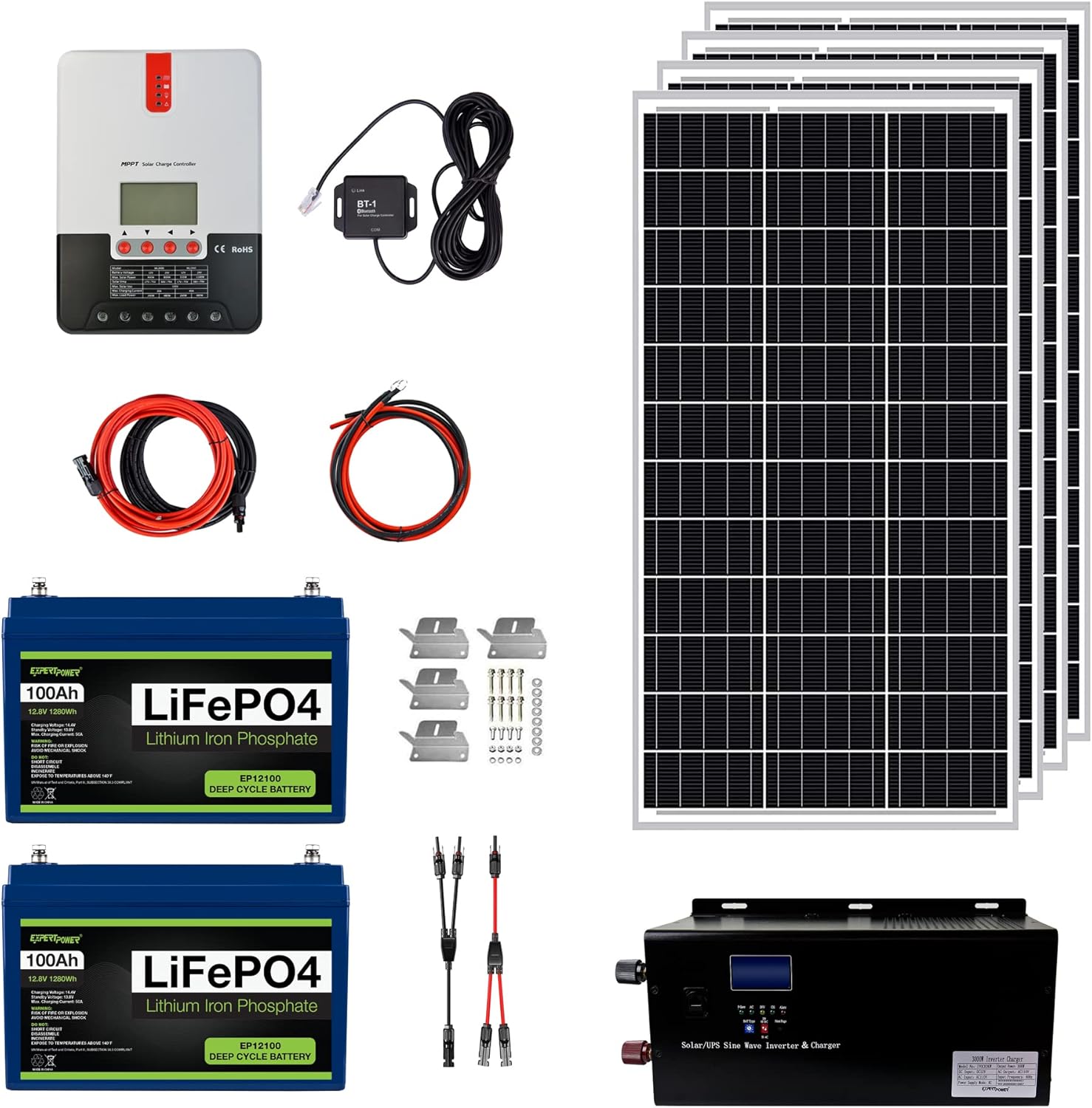 ExpertPower 2.5KWH 12V Solar Power Kit | LiFePO4 12V 100Ah, 400W Mono Solar Panels, 30A MPPT Solar Charge Controller, 2KW Pure Sine Wave Inverter Charger | RV, Trailer, Camper, Marine, Off Grid