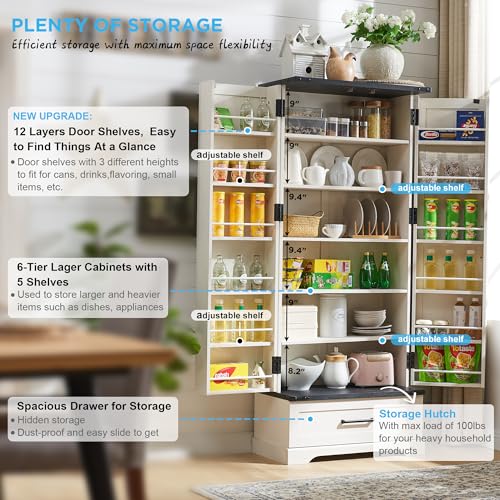 72" Farmhouse Kitchen Pantry Cabinet with Drawer, Tall Storage Cabinet with 2 Barn Doors and Shelves, Versatile Large Rustic Cupboard for Dining Room, Bathroom, Living Room, Laudry, White