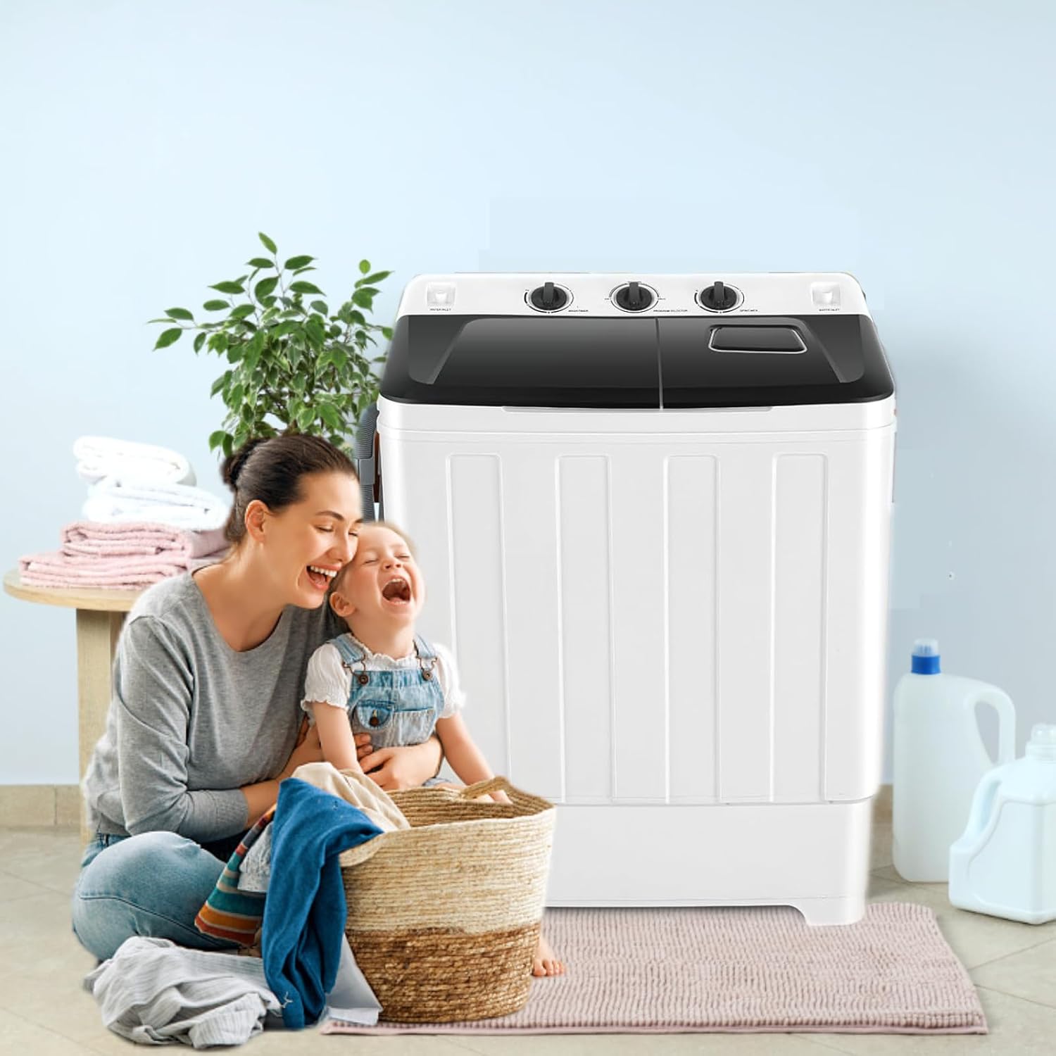 Nictemaw Portable 30Lbs Twin Tub Washing Machine Washer and Dryer Combo, 2 In 1 Compact Laundry Washer (19Lbs) and Spinner (11Lbs) with Built-in Drain Pump for Apartment Dorms RV, Black+White