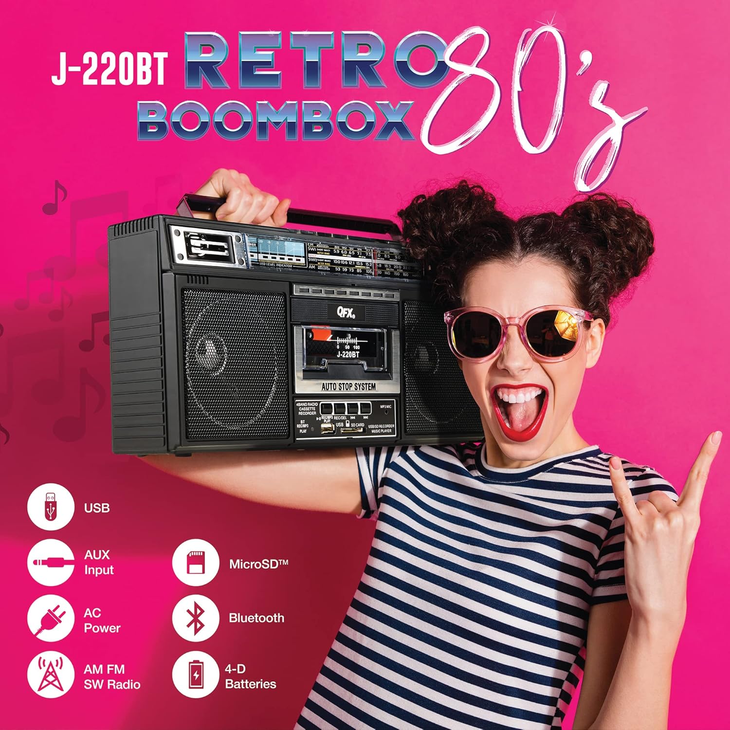 QFX J-220BT ReRun X Cassette Player/Recorder Boombox 4-Band (AM, FM, SW1, SW2) Bluetooth Portable Recording Boombox with Dual 3” Speakers, Built-in Microphone, 3-Band Equalizer Pack of 2