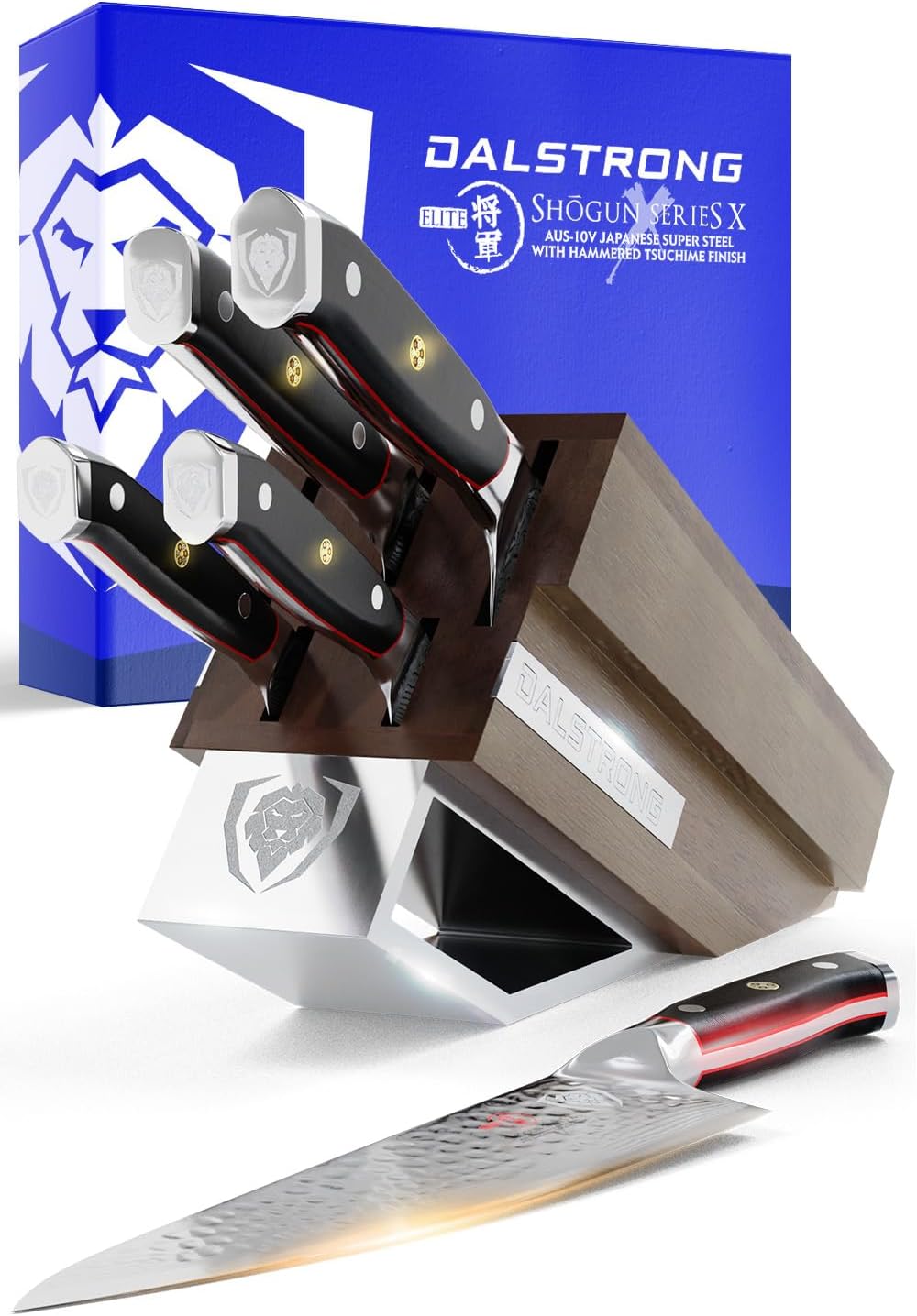 DALSTRONG Knife Block Set - 5 Piece - Shogun Series ELITE - AUS-10V High-Carbon Japanese Steel - Black G10 Handles - Acacia Wood - Damascus - Kitchen Knife Set with Block - Professional Cutlery Set