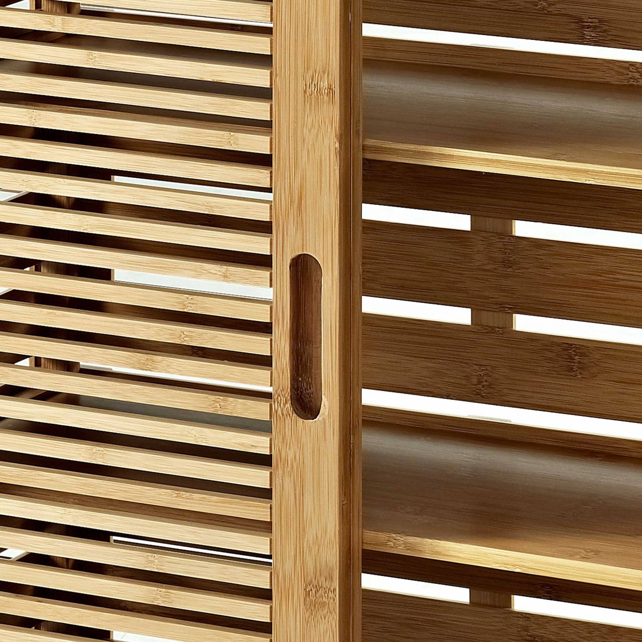 Slated Bamboo Floor Cabinet with 2 Sliding Doors and 3 Shelves Brown