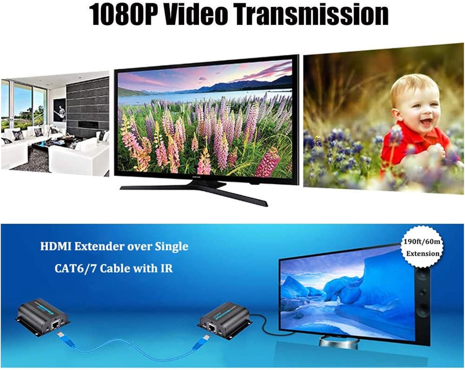 AGPtek LKV372A 60m/190ft 1080P HD HDMI Network Extender Over Single Cat6/6a/7 Ethernet Cable with IR Remote Control
