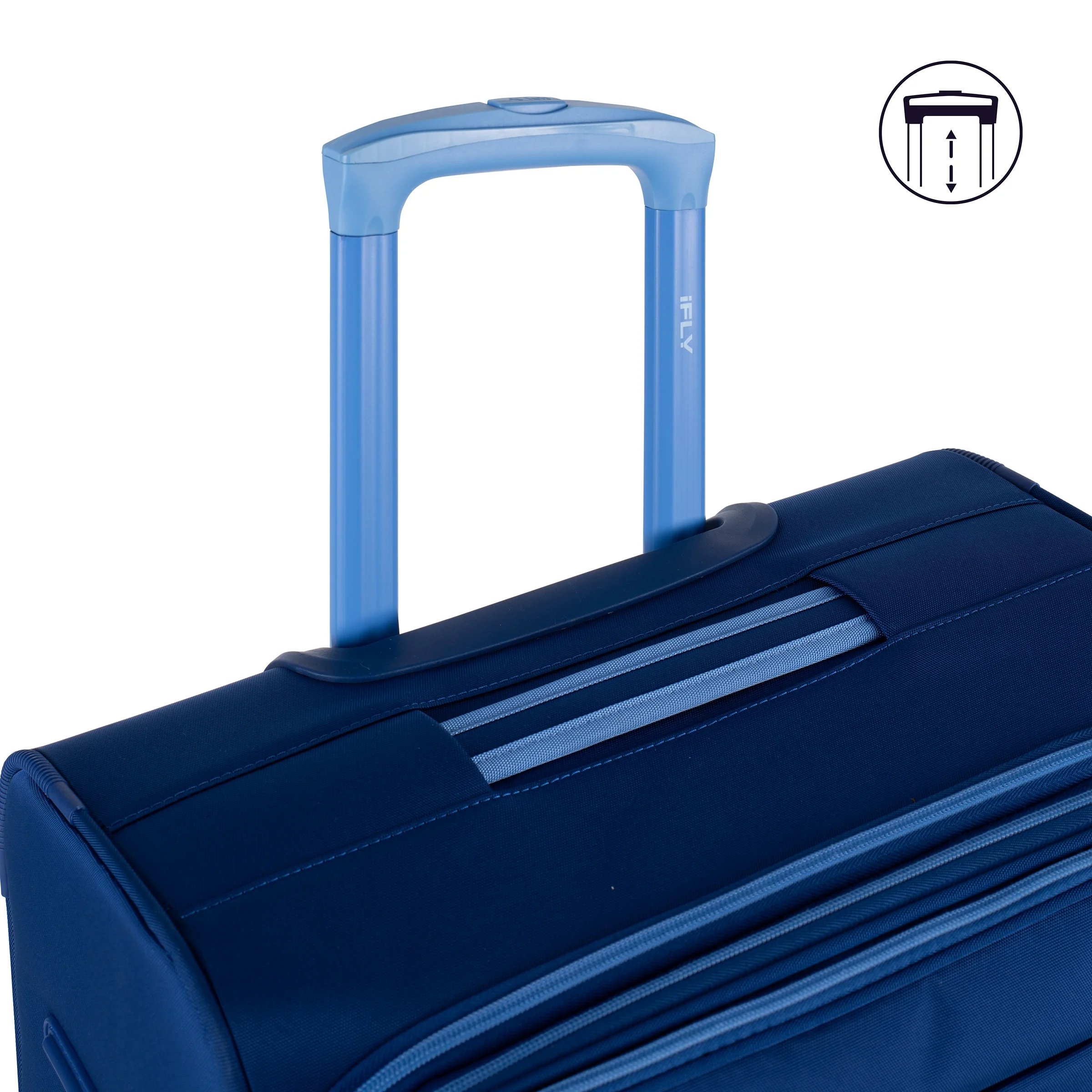 iFLY Softside Accent 3 Piece Set 4-Wheel Spinner, 20" Carry-on, 24" Checked Luggage and 28" Checked Luggage, Navy/Light Blue