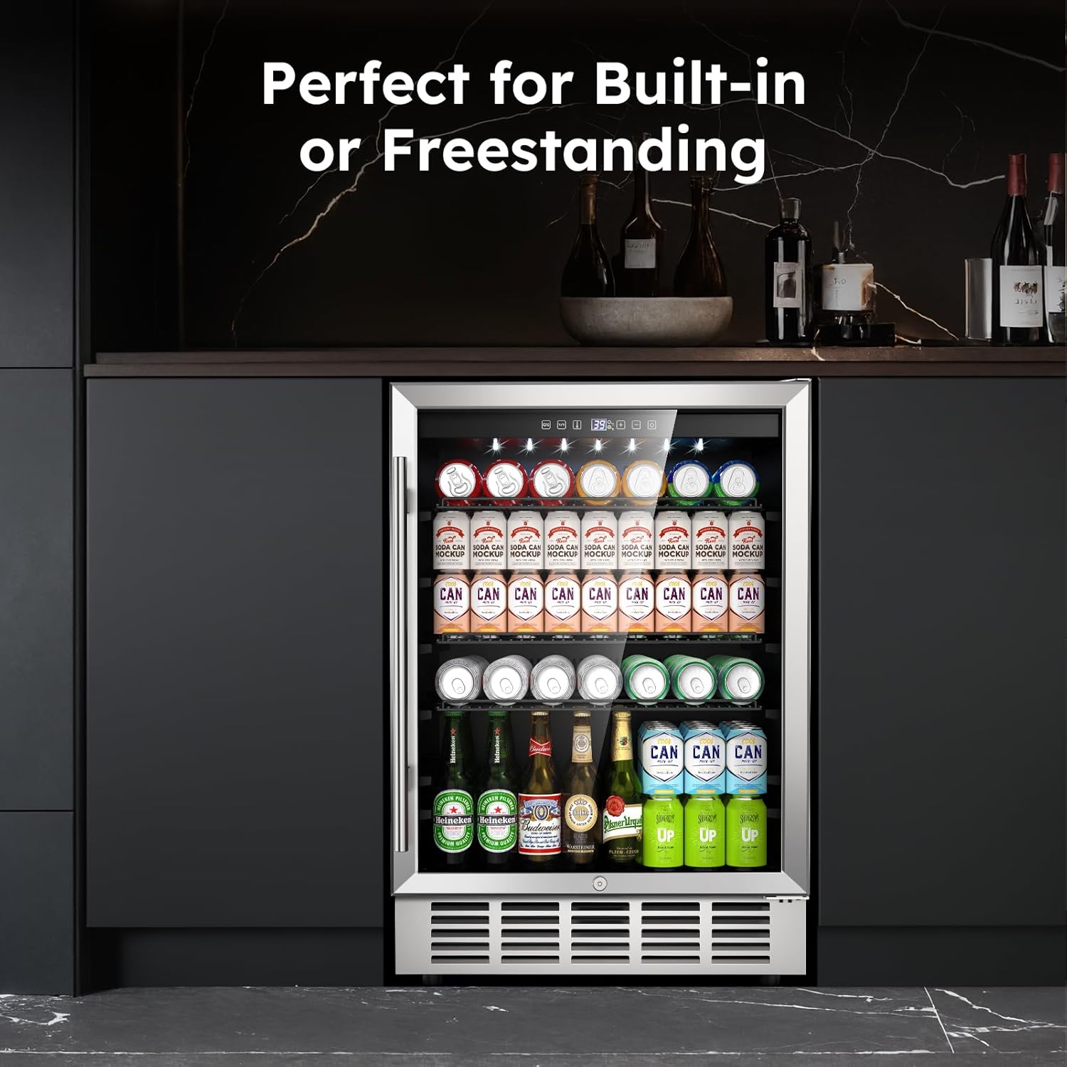 Outdoor Beverage Refrigerator with Glass Door, 24 Inch Under Counter Indoor/Outdoor Beverage Fridge for Patio, 190 Cans Built-in/Freestanding Beverage Cooler Beer Fridge with Safety Lock/Wheels