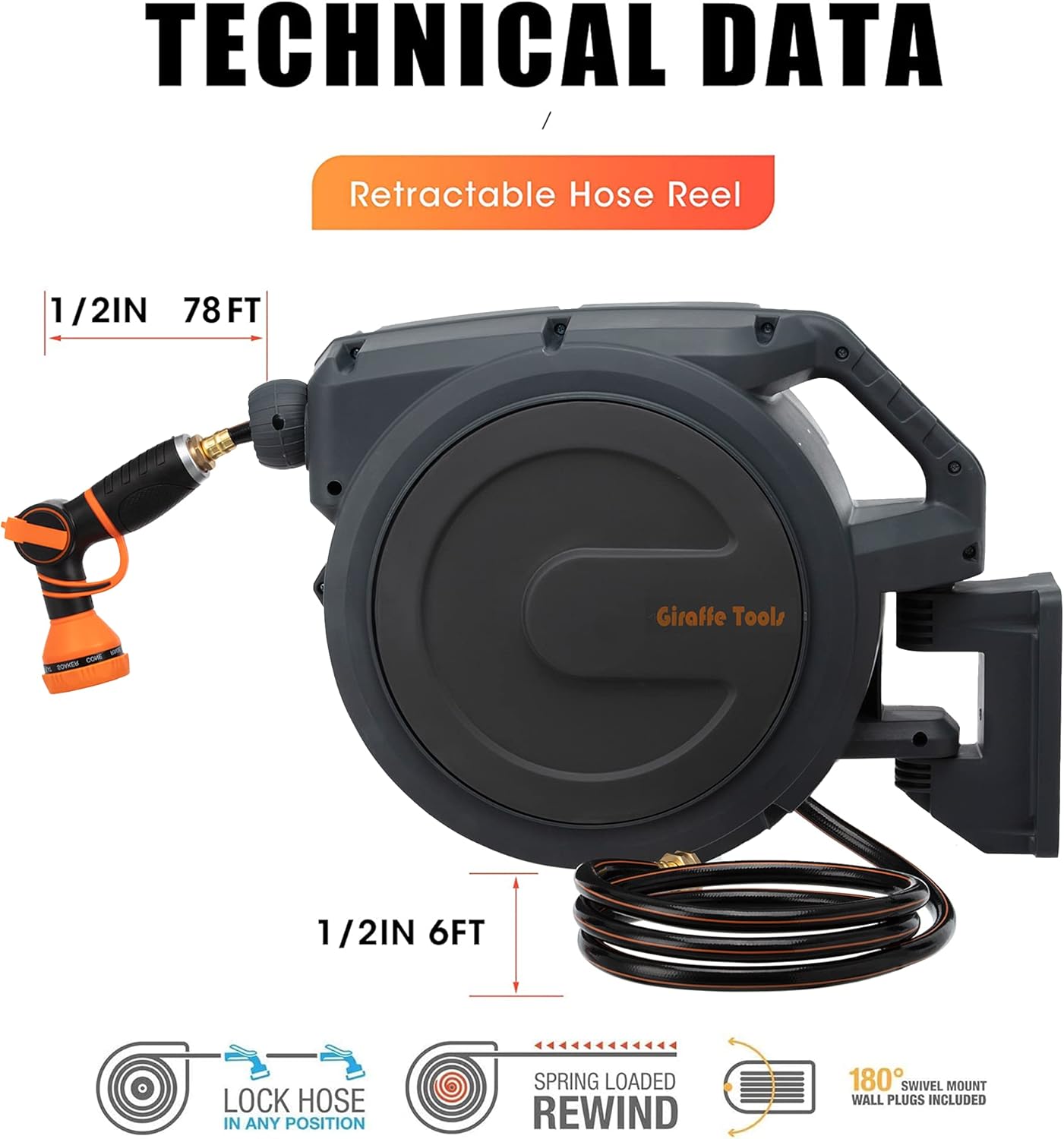 Giraffe Wall Mounted Hose Reel Retractable, 1/2" 78ft Heavy Duty Garden Hose Reel with 9 Pattern Hose Nozzle, Any Length Lock/Automatic Rewind/180° Swivel Bracket