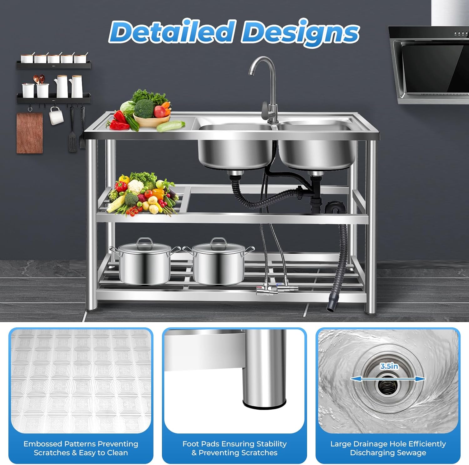 Commercial Stainless Steel Sink Free Standing Utility Sink 2 Compartment Commercial Restaurant Kitchen Sink w/Workbench Outdoor Utility Sink for Garage Restaurant Kitchen 47.2x17.5x31.5in