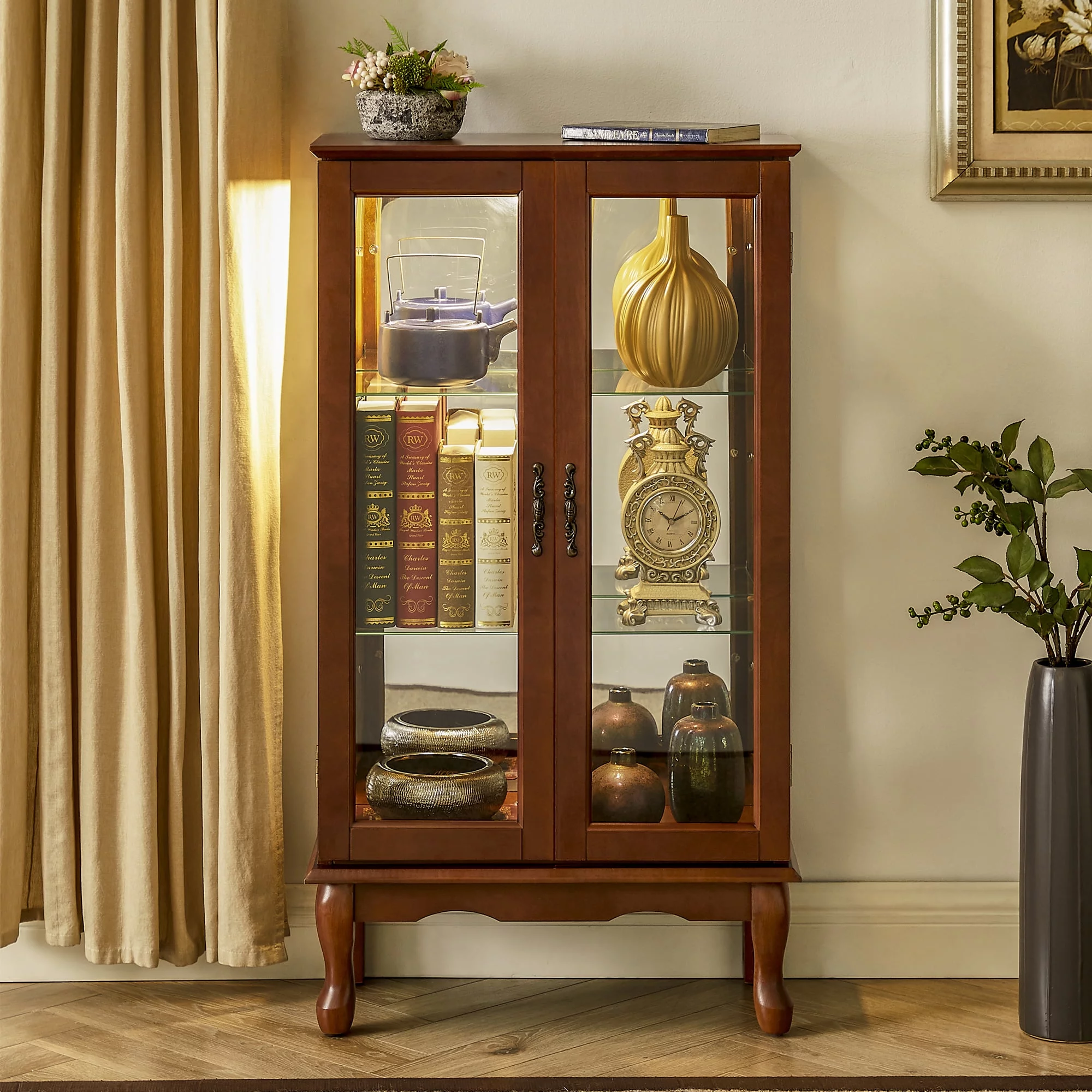 3 Shelf Lighted Curio Cabinet, 43.5" Tempered Glass Floor Display Cabinet with Adjustable Shelves and Mirrored Back Panel, E26 light Bulb Not Included, Walnut