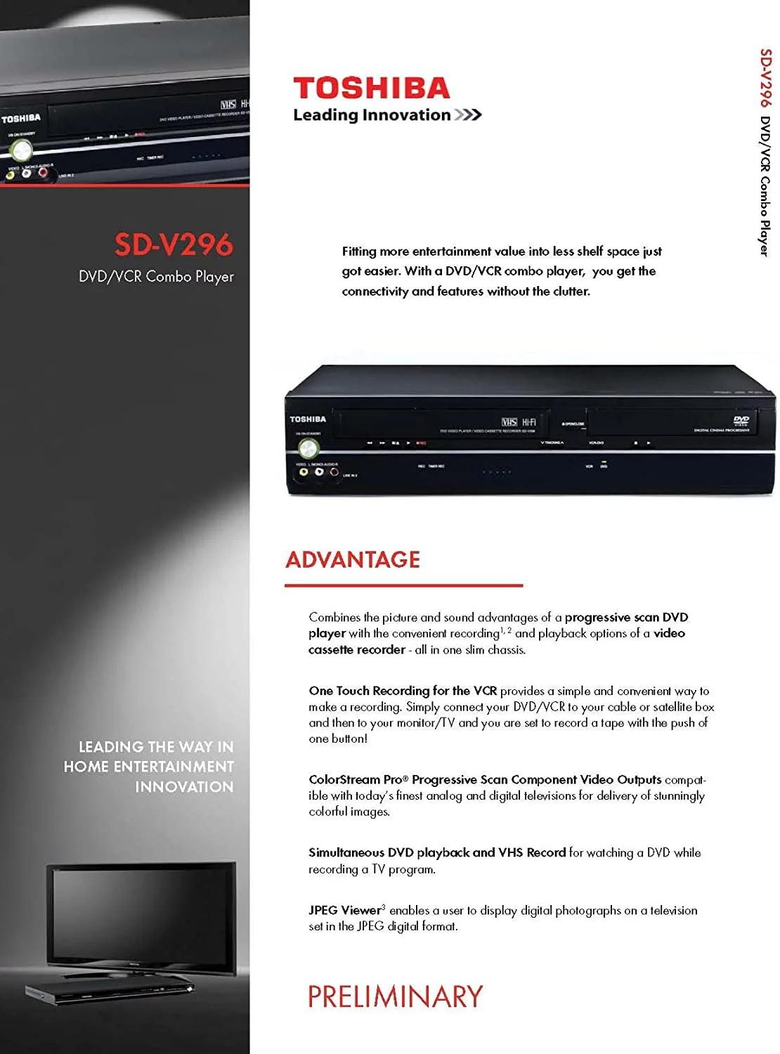 Toshiba SD-V296 - DVD/VCR Combo Player - Black - with Original Remote, Manual, Audio Video Cables (Used)