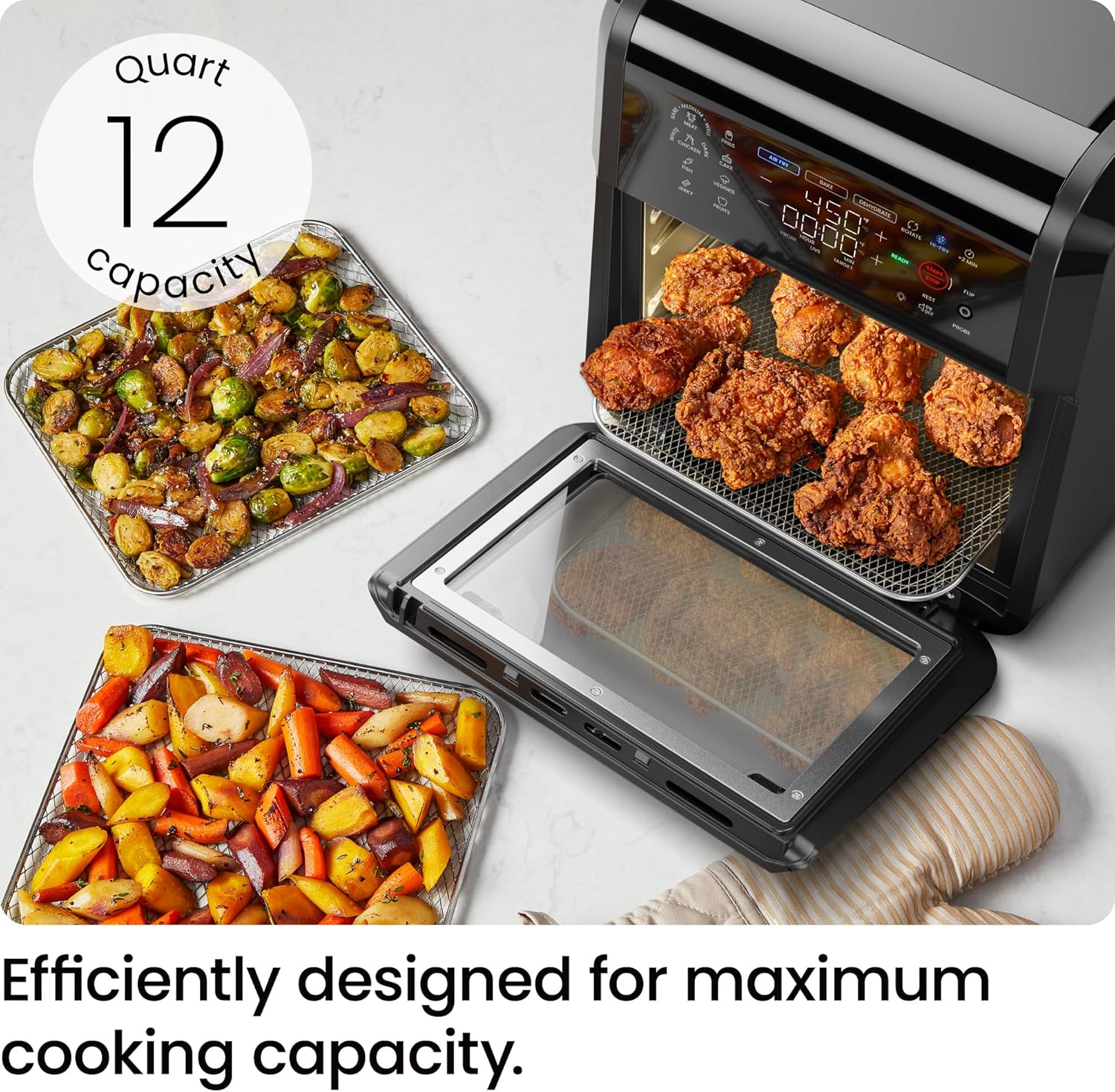 CHEFMAN ExacTemp™ 12 Quart 5-in-1 Air Fryer with Integrated Smart Cooking Thermometer, 28 Touchscreen Presets, Rotisserie, Dehydrator, Bake, XL Convection Oven with Auto Shutoff, Black