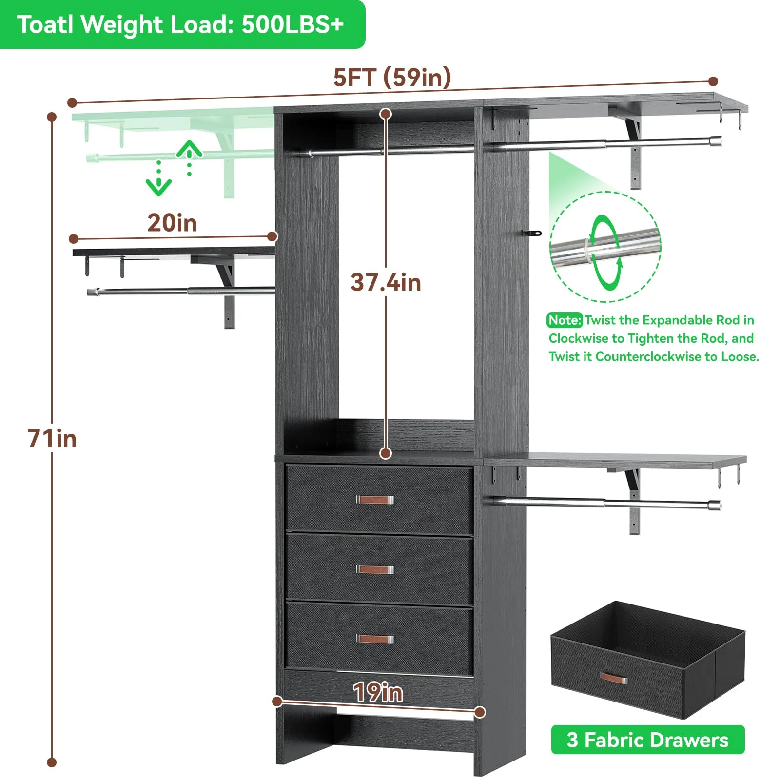 Homieasy 5FT Closet System with 3 Fabric Drawers, 60'' Walk In Closet Organizer System With 3 Adjustable Shelves, Heavy Duty Clothes Rack Built-In Garment Rack, 59" L x 16" W x 71"H, Black