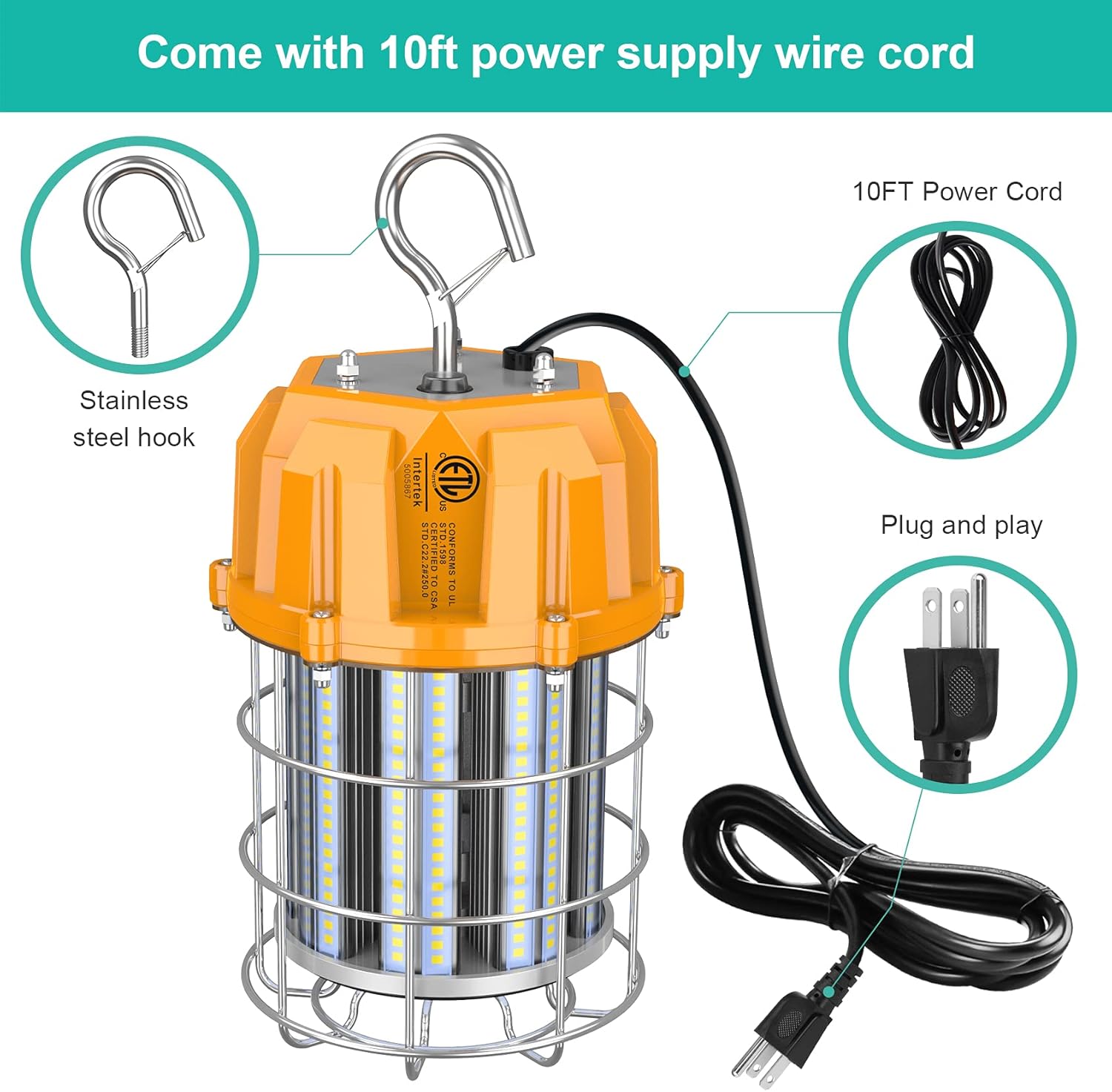 80W LED Temporary Work Light 11,600LM 360° Illumination 10' Cable with 120V Plug Portable Hanging Construction Work Lights IP65 Plug-n-Play for Job Site Warehouse Garage Lighting Pack of 2